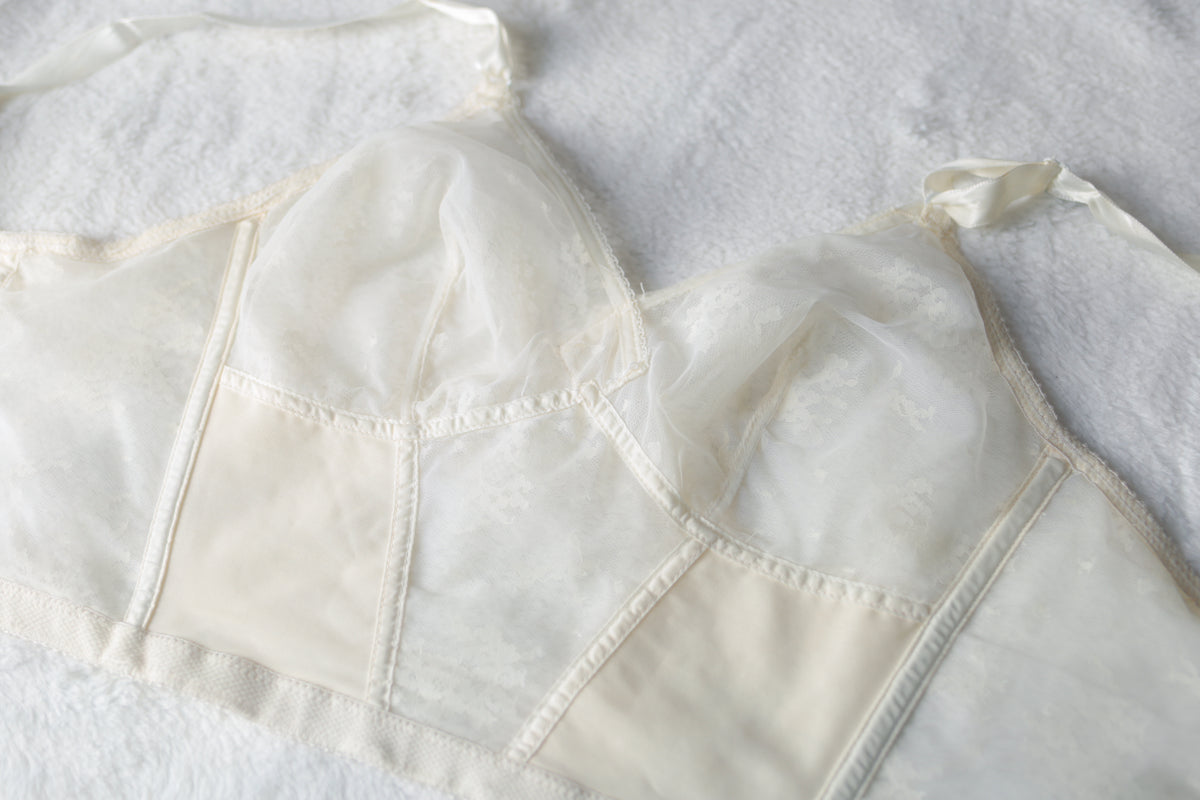 Lily of France Vintage Unlined Sheer Lace Pointy Longline Bustier Bra Ivory 36B