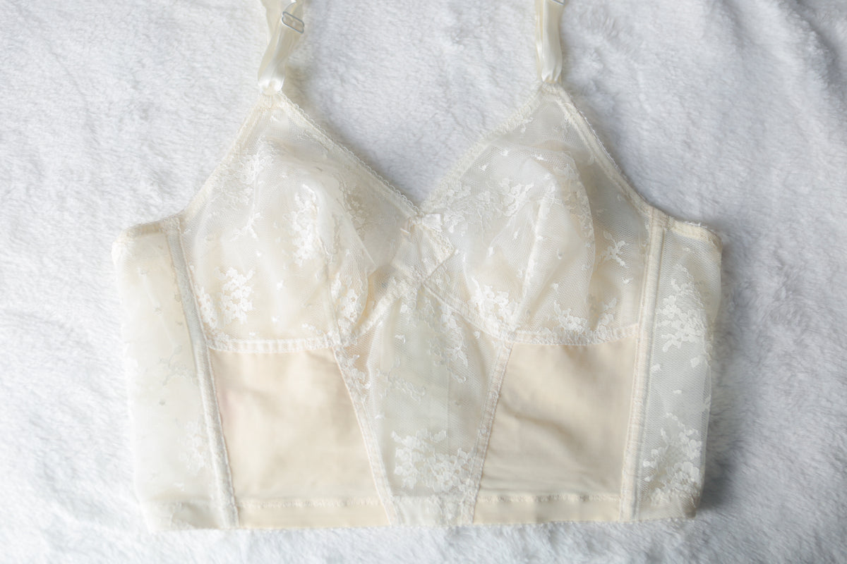 Lily of France Vintage Unlined Sheer Lace Pointy Longline Bustier Bra Ivory 36B