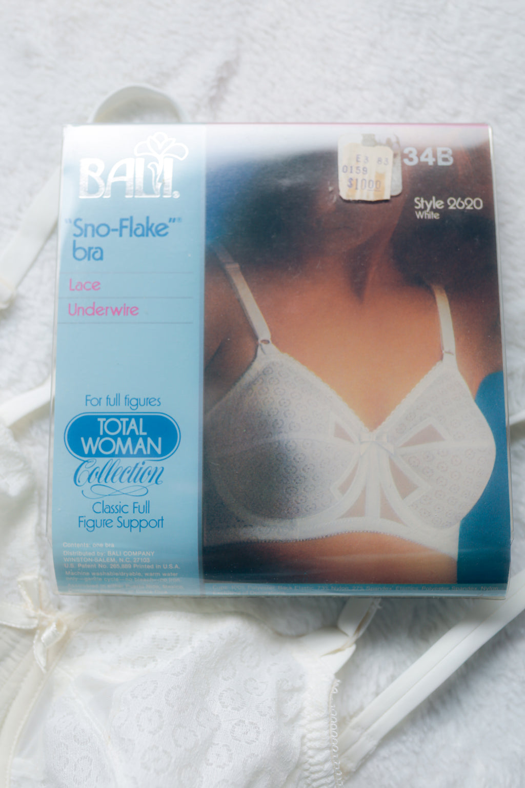 Bali Vintage 2620 Sno-Flake Retro Unlined Satin Lace Bullet Bra 34B White NEW