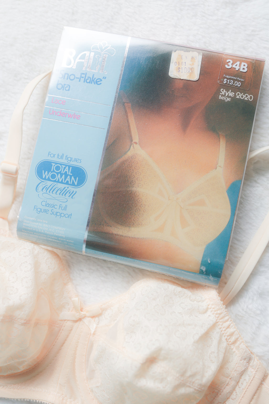 Bali Vintage 2620 Sno-Flake Retro Unlined Satin Lace Bullet Bra 34B Beige NEW