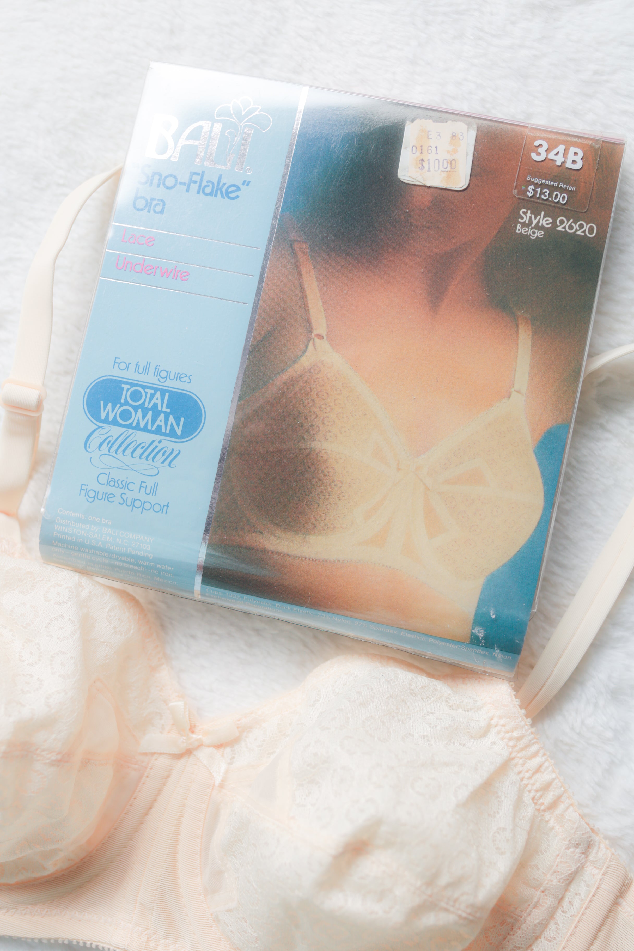 Bali Vintage 2620 Sno-Flake Retro Unlined Satin Lace Bullet Bra 34B Beige NEW