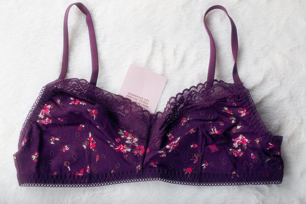 Savage X Fenty Purple Floral Wireless Soft Bralette Bra Large 95% Cotton NEW