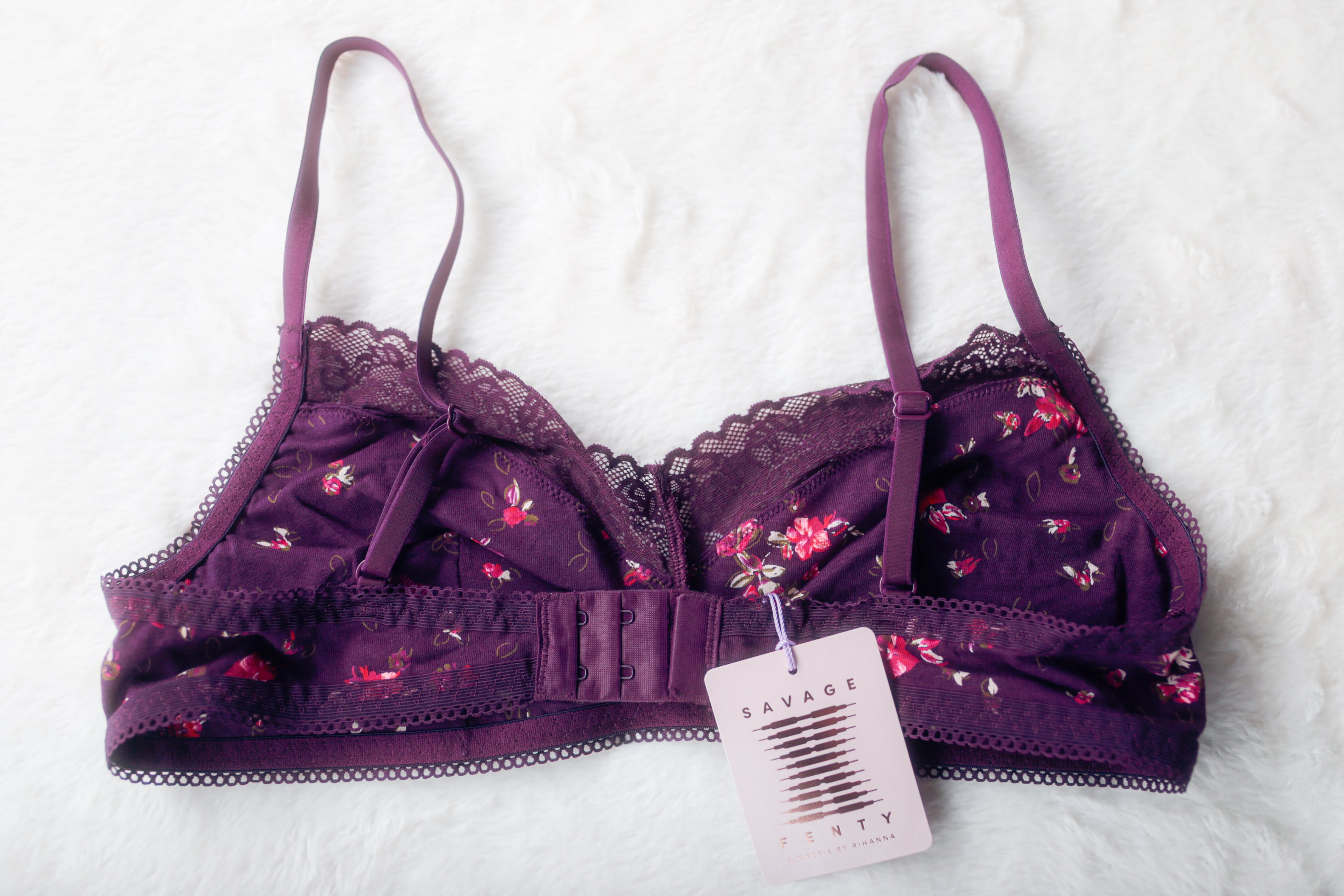 Savage X Fenty Purple Floral Wireless Soft Bralette Bra Large 95% Cotton NEW