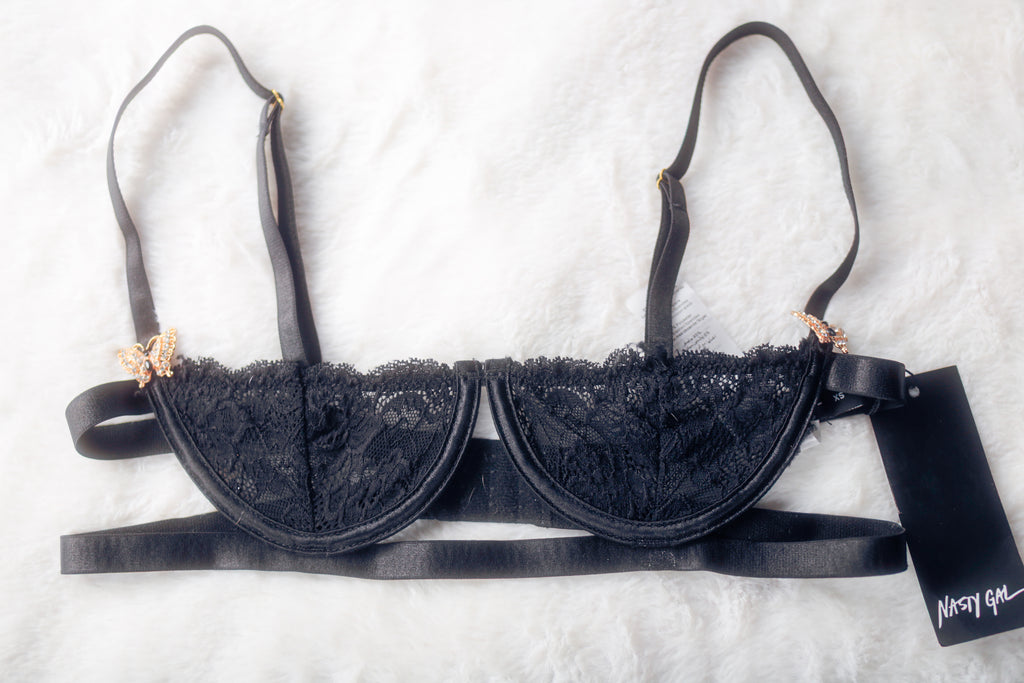Nasty Gal Diamante Butterfly Unlined Sheer Lace Half-cup Shelf Bra Black XS NEW
