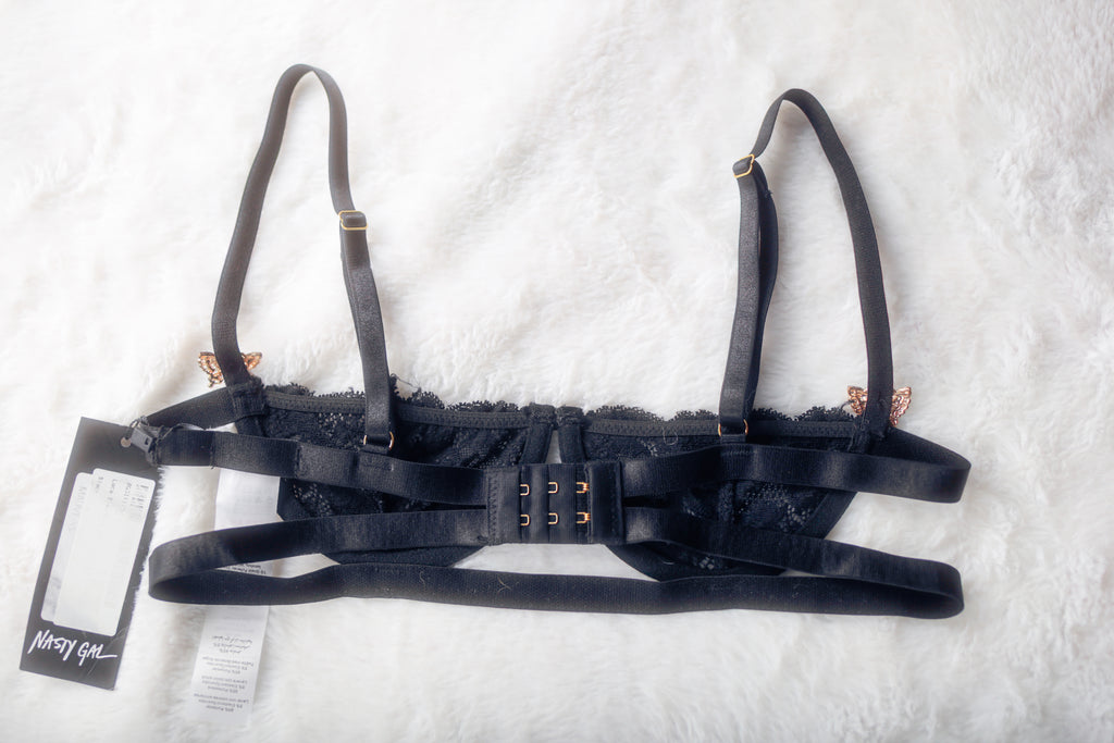 Nasty Gal Diamante Butterfly Unlined Sheer Lace Half-cup Shelf Bra Black XS NEW
