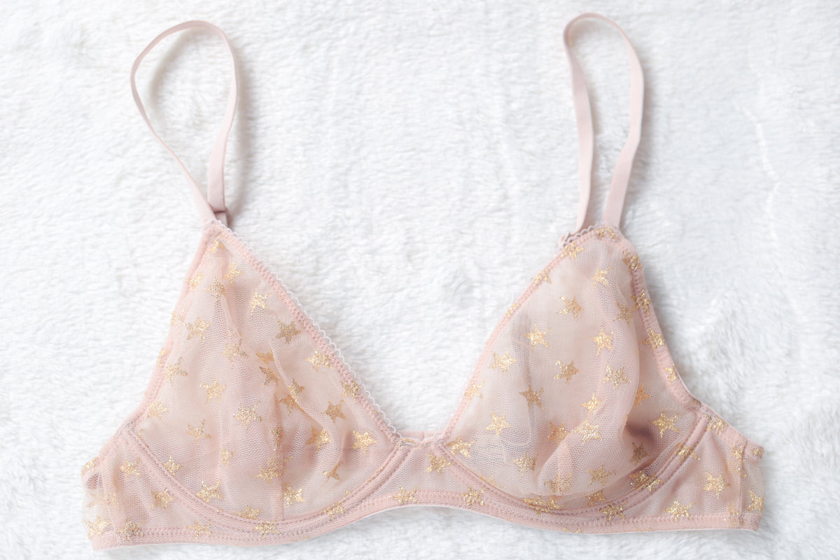 Free People Intimately Unlined Sheer Mesh Demi Underwire Breathable Bra Gold Sparkle Star 34B