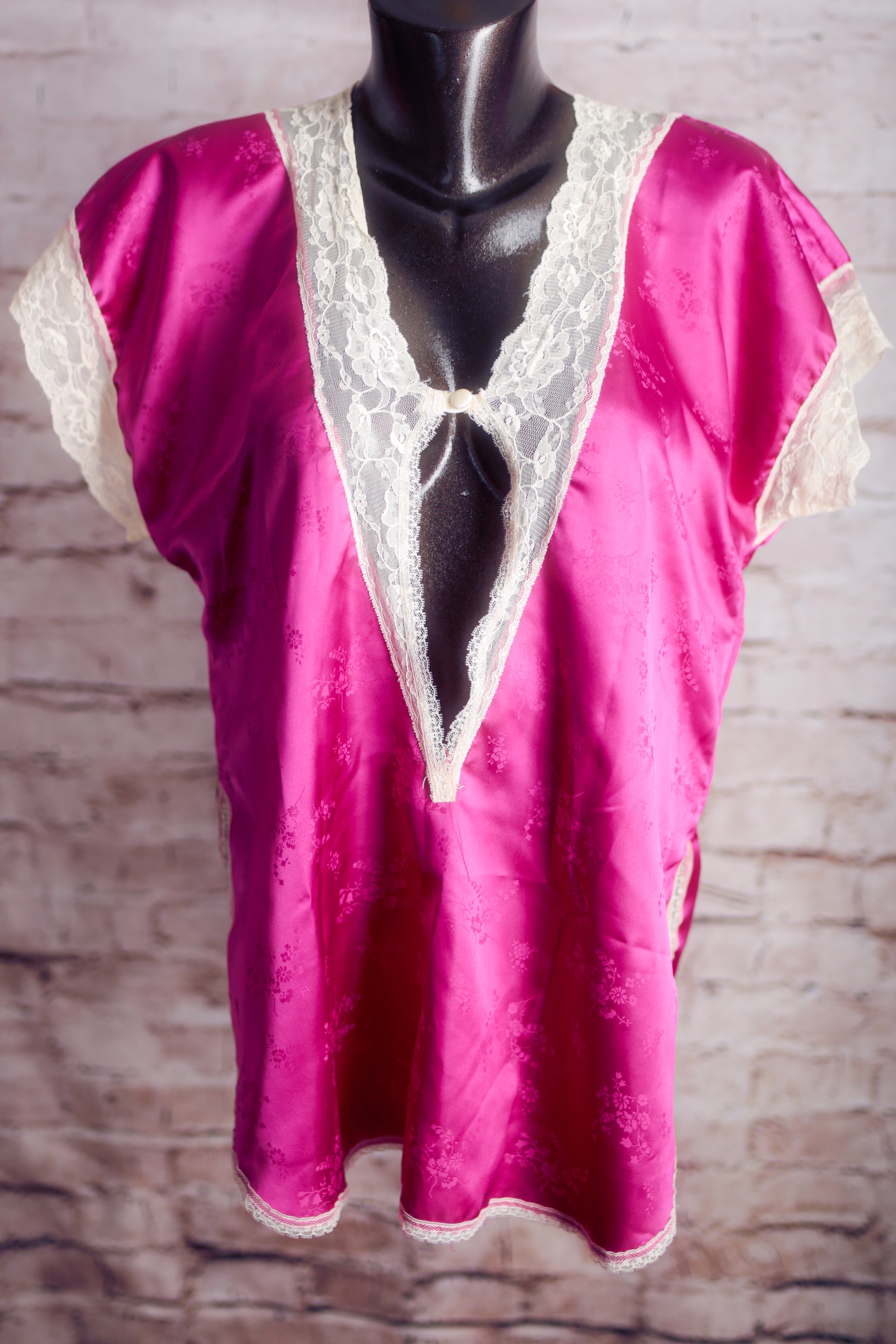 Frederick's of Hollywood Vintage Jacquard Satin Lace Chemise Nightgown Lingerie One Size