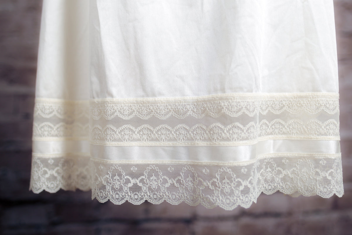 Vintage 70s Satin Tiered Lace Trim Half Slip White