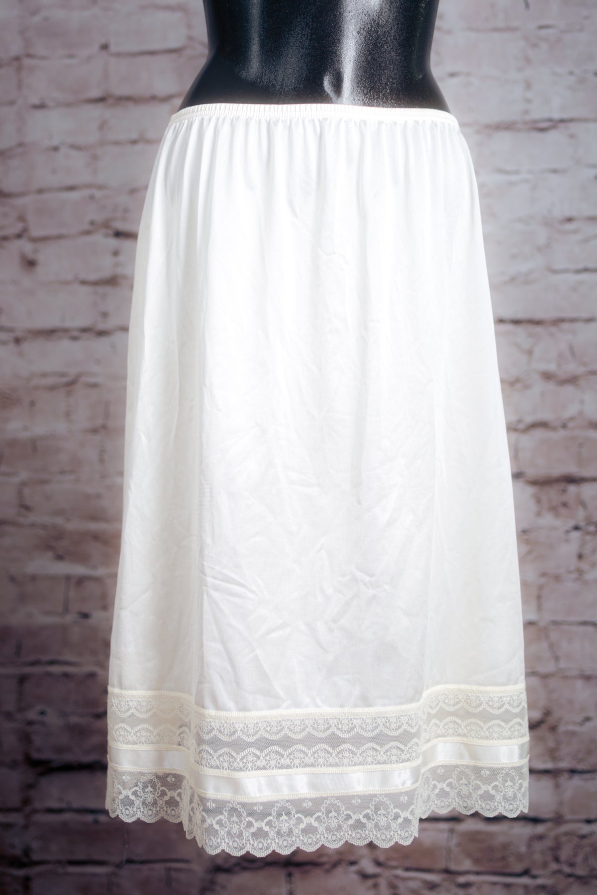 Vintage 70s Satin Tiered Lace Trim Half Slip White