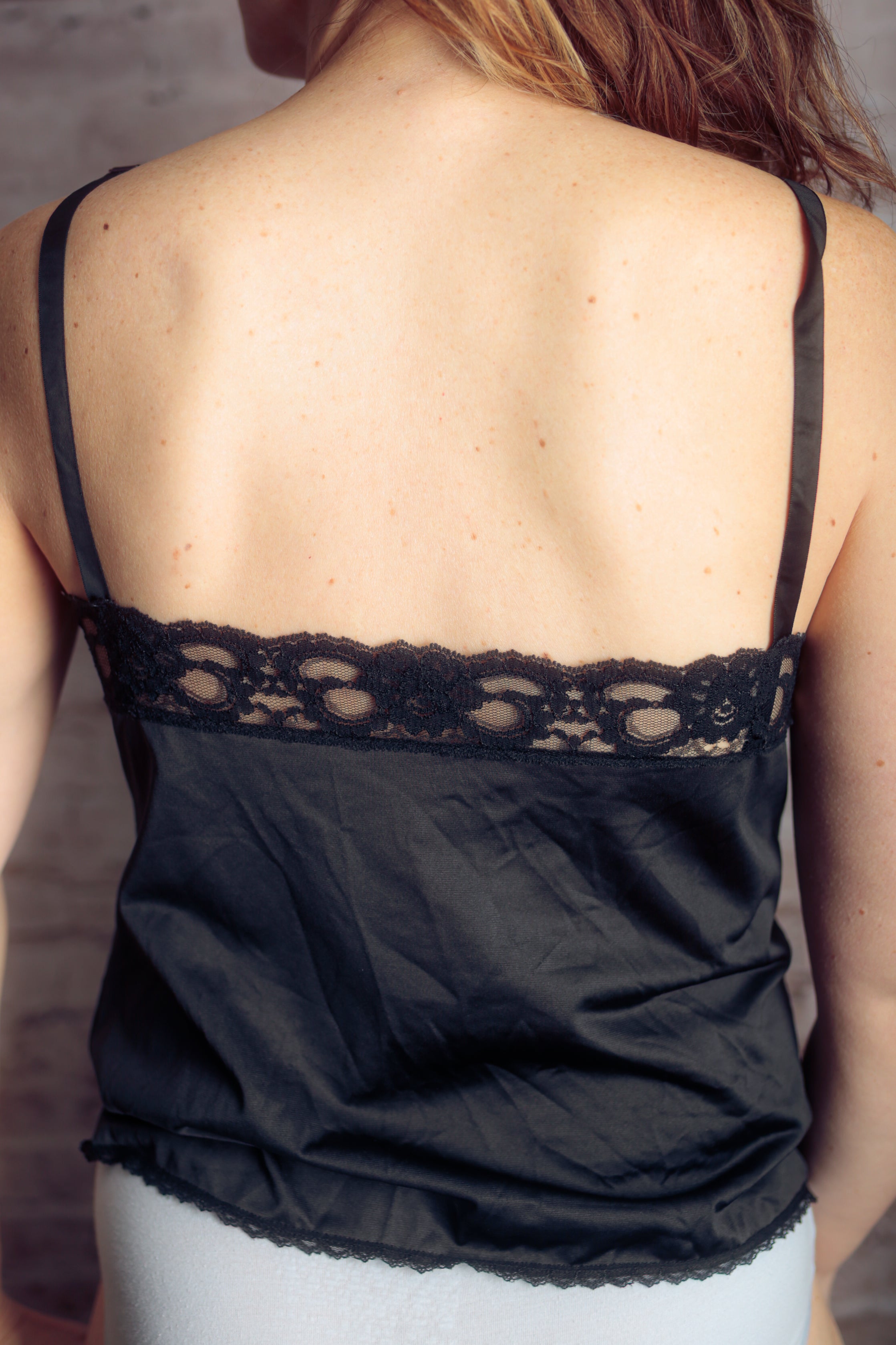 Lorraine Vintage Black Satin Sheer Lace Camisole 36 Medium