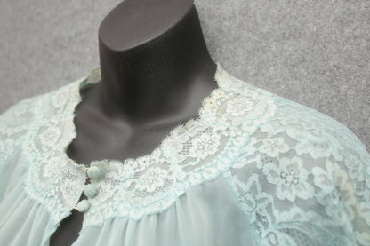 Vanity Fair Vintage 80s Blue Sheer Tulle Lace Nightgown Lingerie: Size 36 / Large