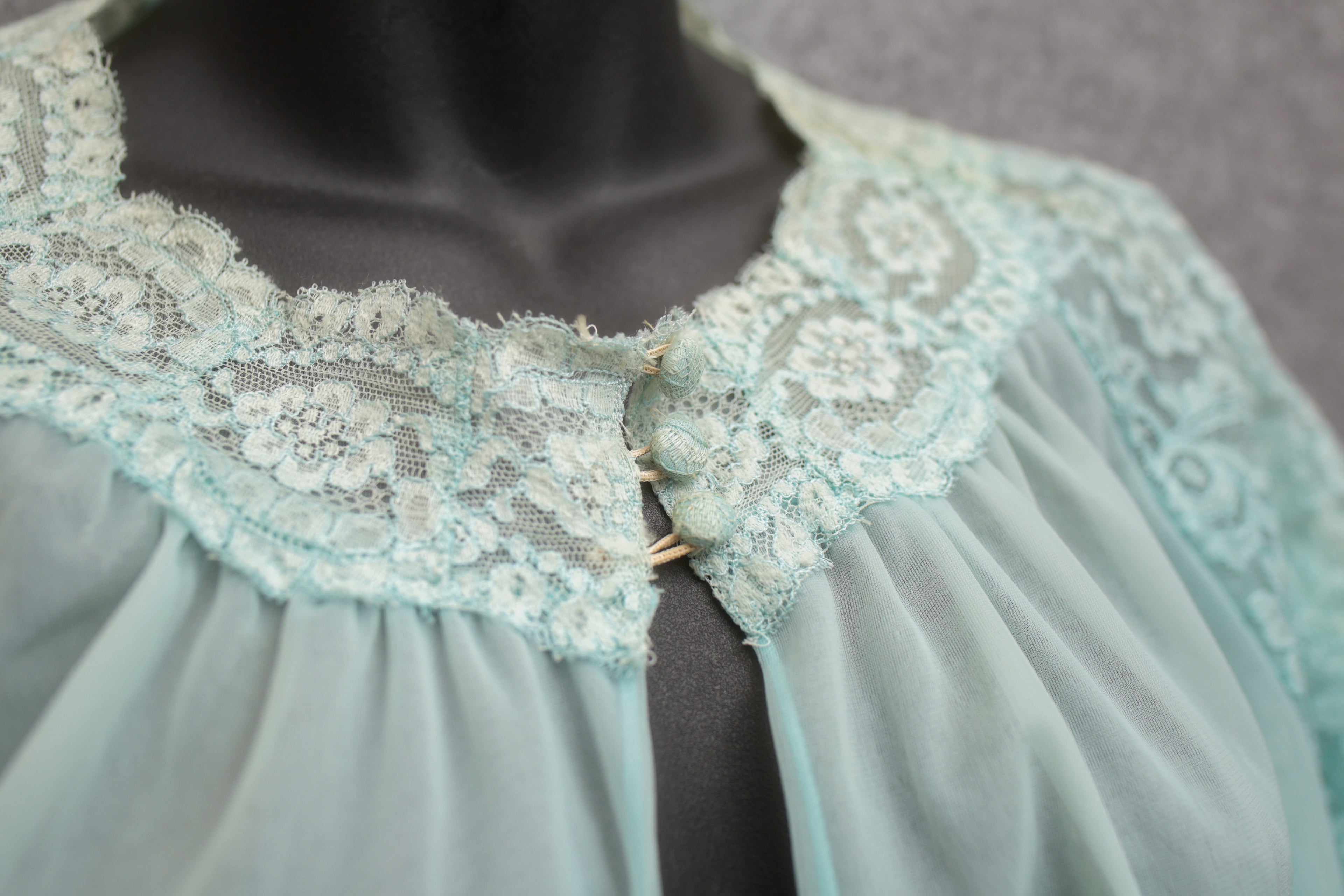 Vanity Fair Vintage 1950's Sheer Tulle Lace Peignoir Negligee Nightgown Lingerie 36 Large Blue