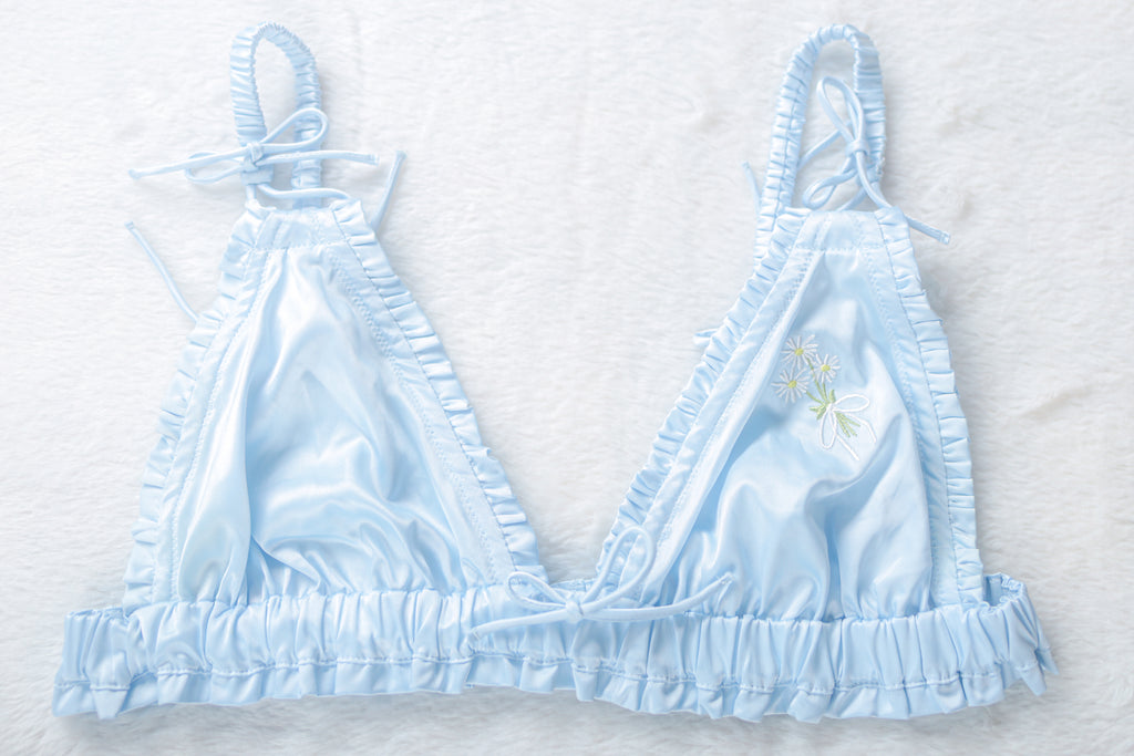 For Love & Lemons Everyday Bralette Unlined Boho Wireless Ruffled Stretch Medium Blue NEW