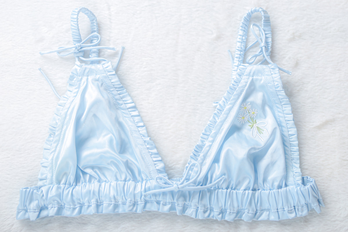 For Love & Lemons Everyday Bralette Unlined Boho Wireless Ruffled Stretch Medium Blue NEW