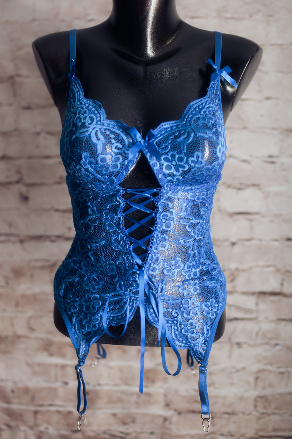 Sheer Lace Babydoll Chemise Lingerie with Suspender Straps Small Blue