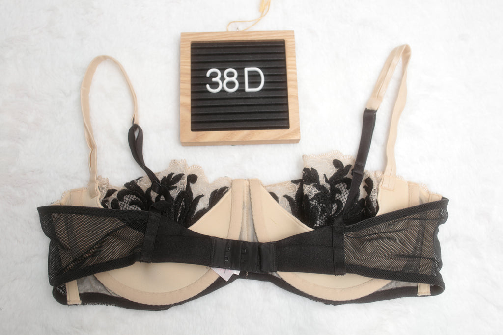 Victoria's Secret 38D Vintage Demi-cup Balconette Bra Beige and Black Beaded Lace