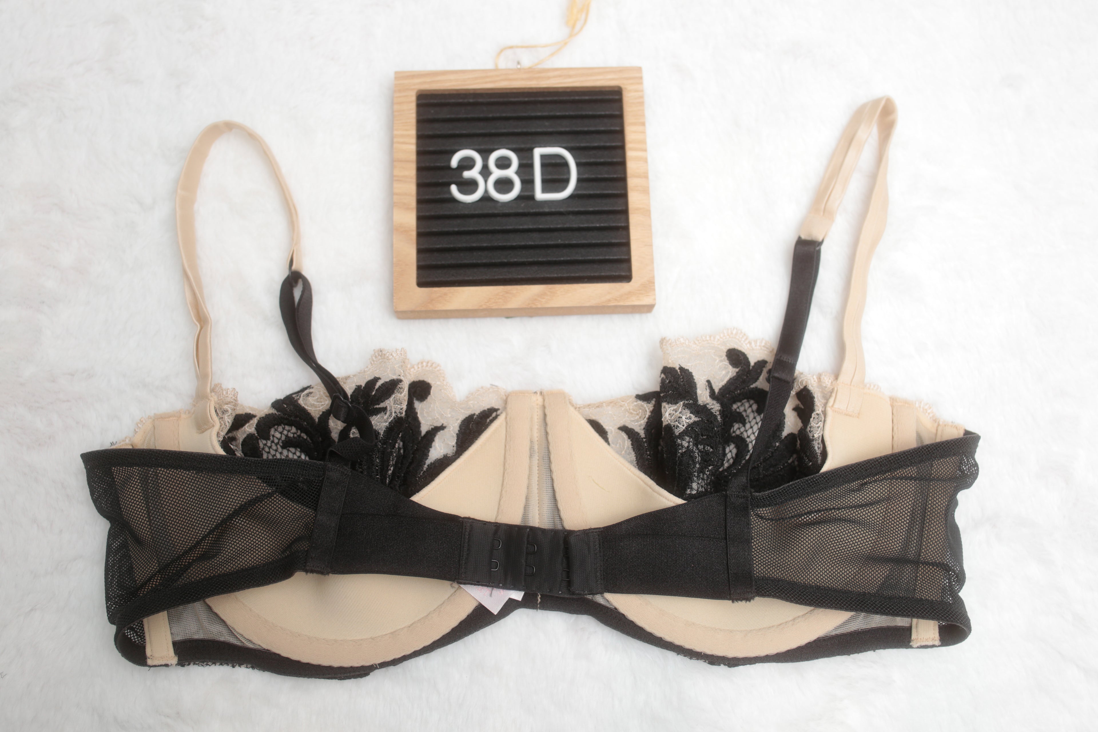 Victoria's Secret 38D Vintage Demi-cup Balconette Bra Beige and Black Beaded Lace