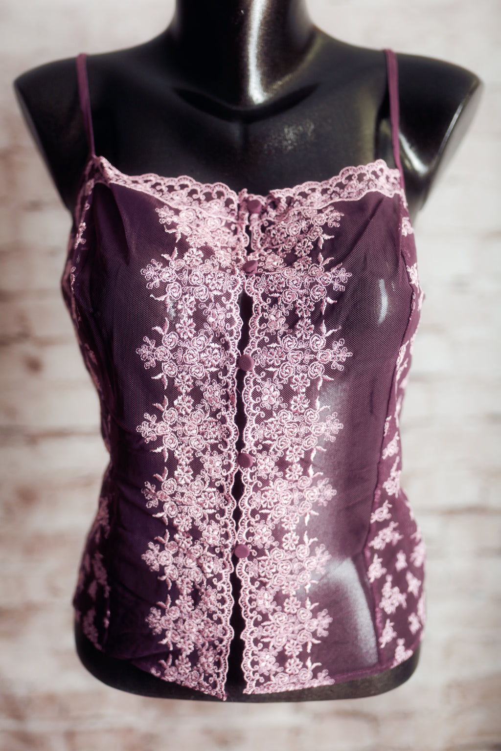 Victoria's Secret Vintage Button Front Boho Floral Embroidered Sheer Mesh Babydoll Chemise Medium