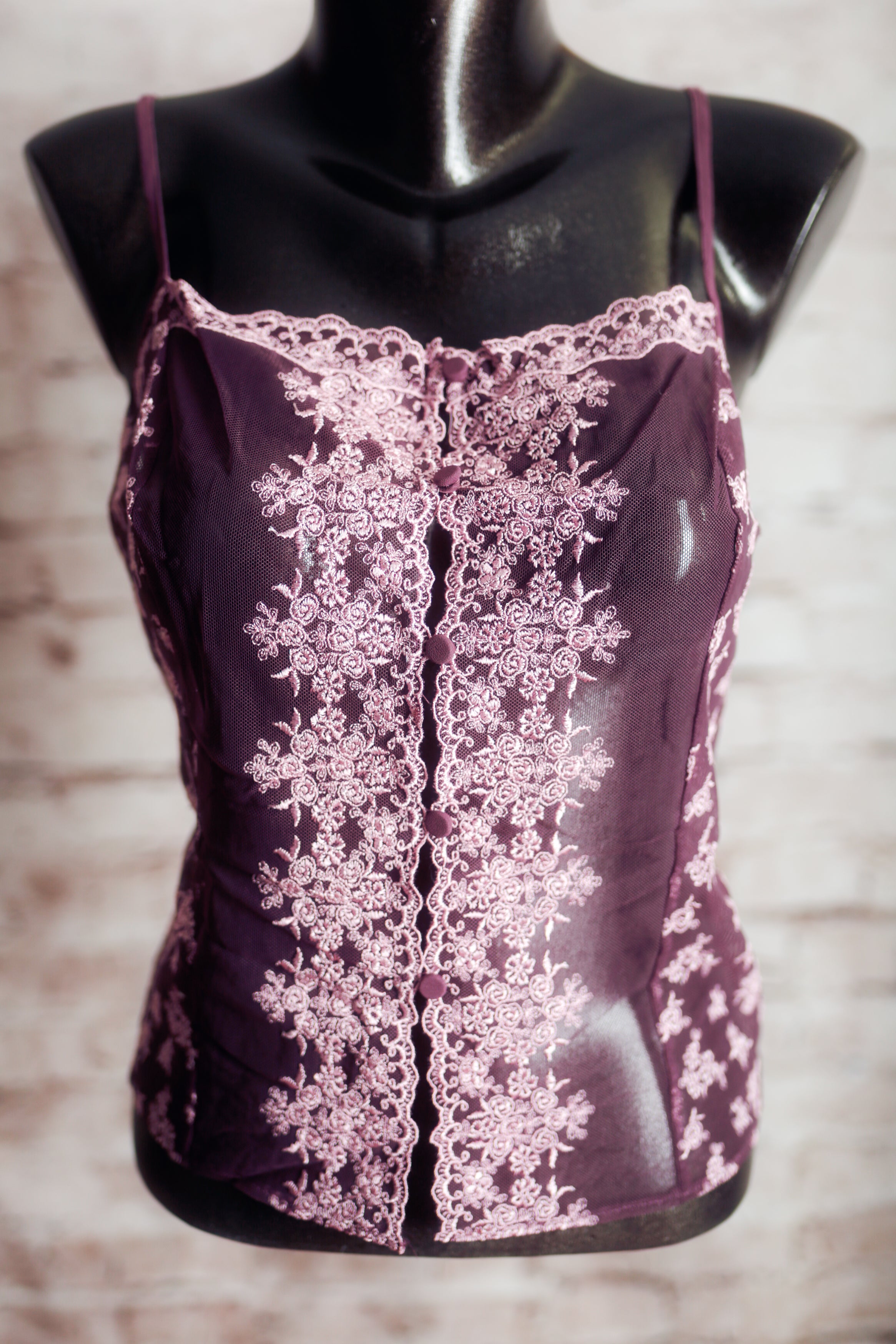 Victoria's Secret Vintage Button Front Boho Floral Embroidered Sheer Mesh Babydoll Chemise Medium