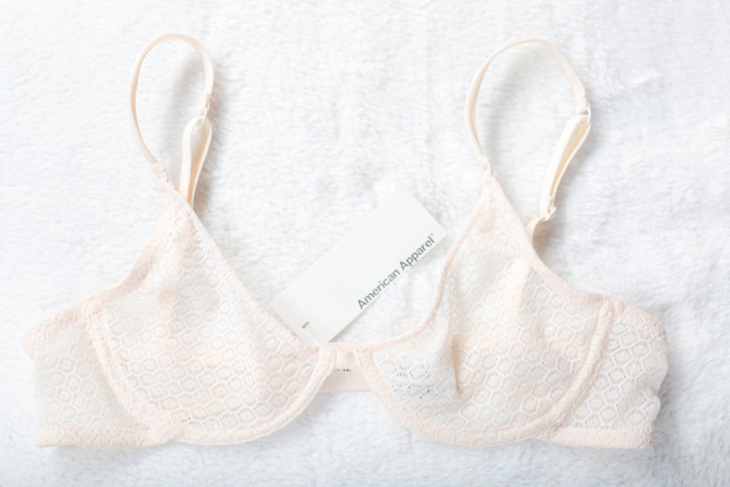 American Apparel Unlined Sheer Geo Lace Full Coverage Bra 2 32 Ivory NEW