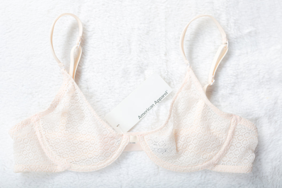 American Apparel Unlined Sheer Geo Lace Full Coverage Bra 2 32 Ivory NEW