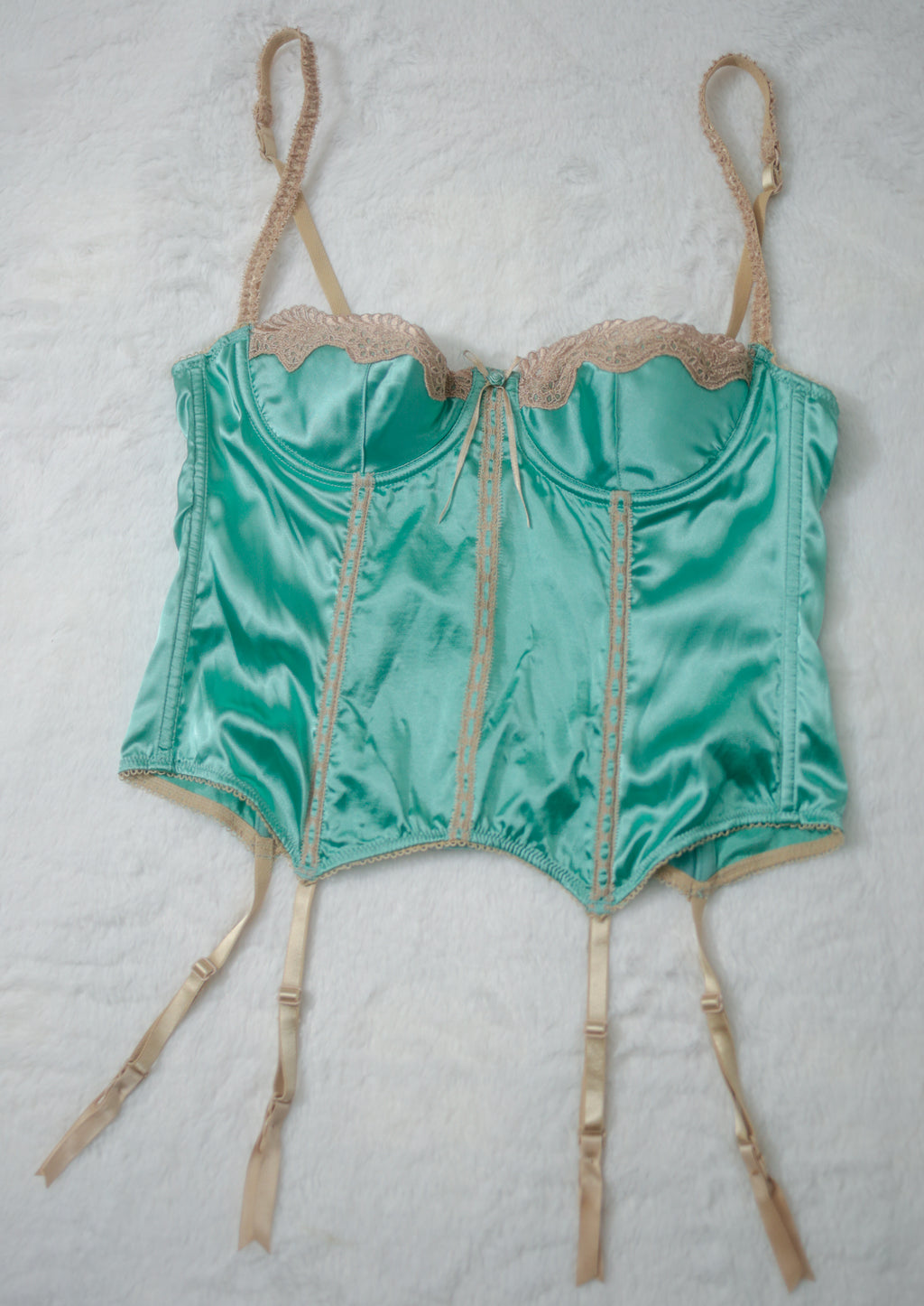 Sophie B Boned Corset Bra Lingerie Medium Mint Satin and Lace NEW