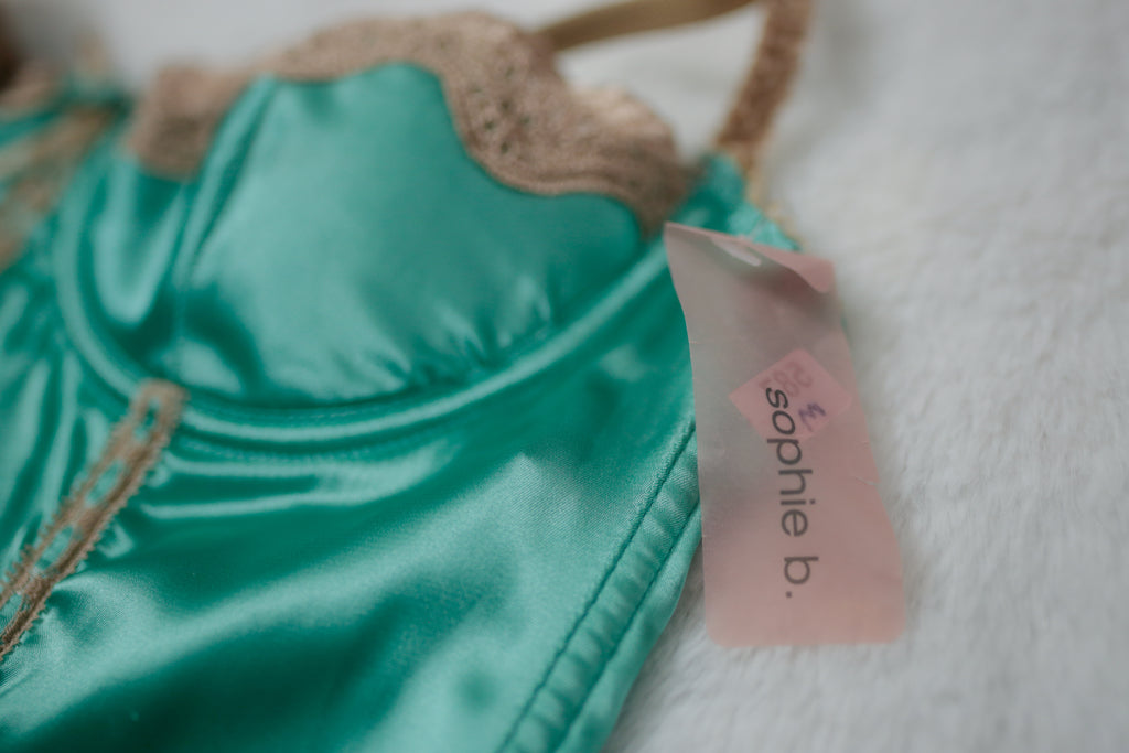 Sophie B Boned Corset Bra Lingerie Medium Mint Satin and Lace NEW