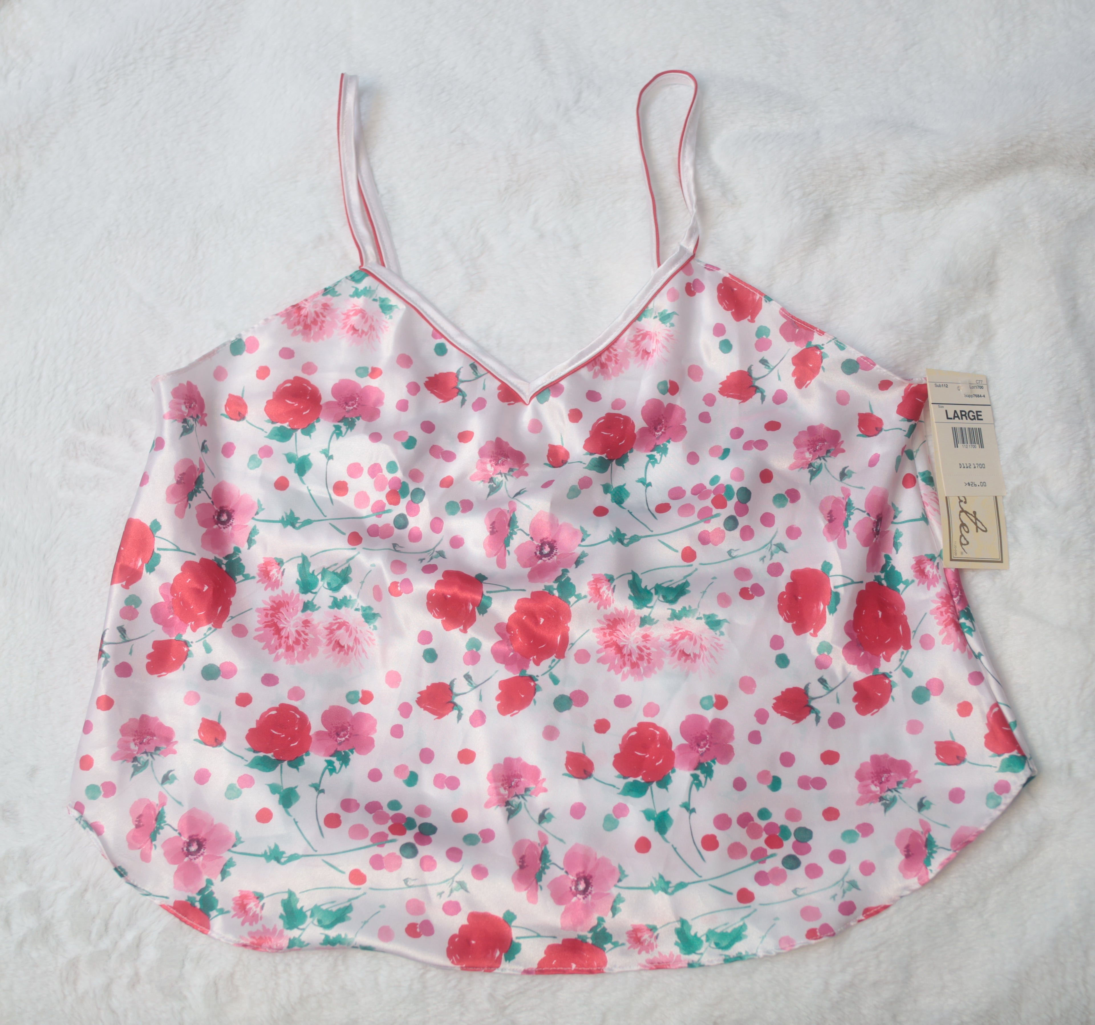 Delicates Vintage Pajama Sleep Top USA-made 1990s White Floral Satin Large NEW