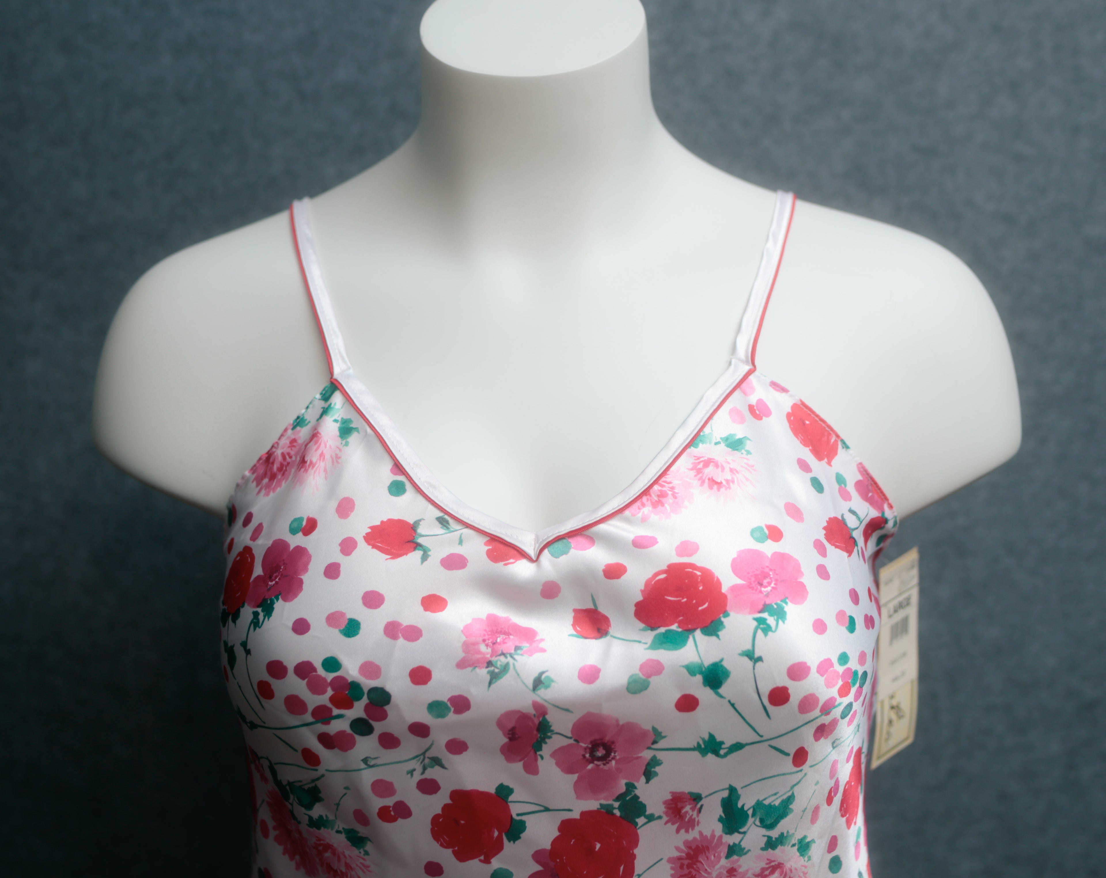 Delicates Vintage Pajama Sleep Top USA-made 1990s White Floral Satin Large NEW