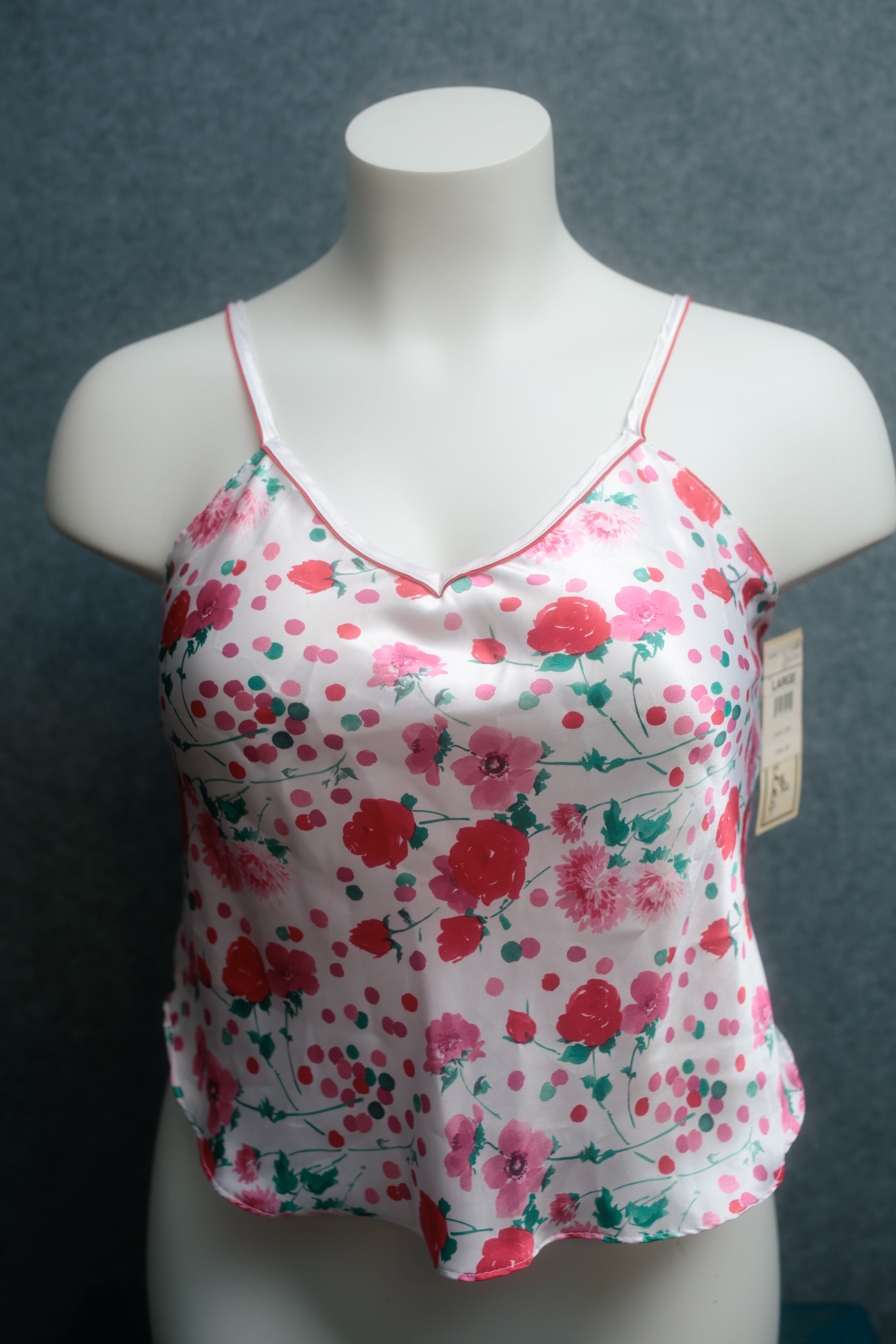 Delicates Vintage Pajama Sleep Top USA-made 1990s White Floral Satin Large NEW