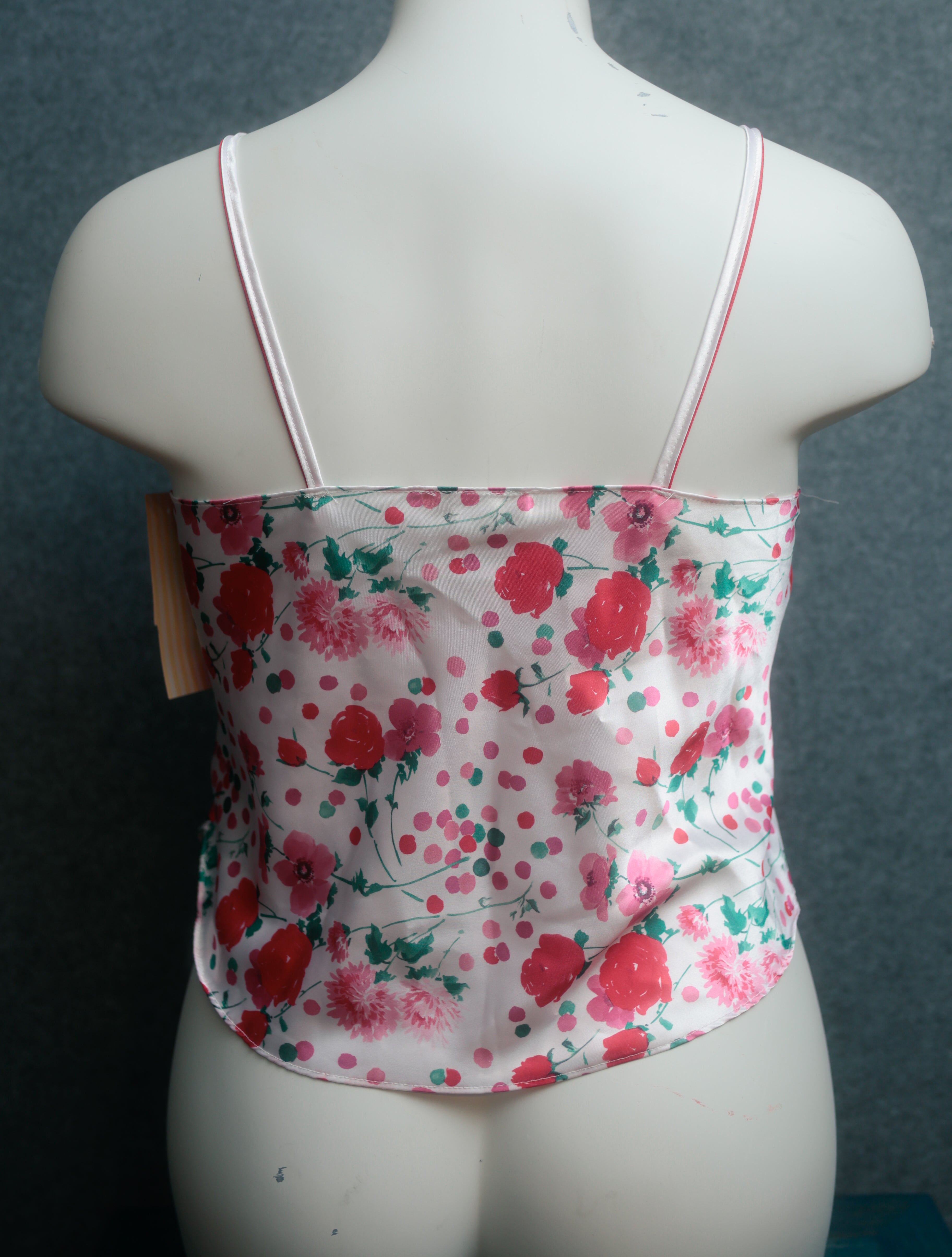 Delicates Vintage Pajama Sleep Top USA-made 1990s White Floral Satin Large NEW