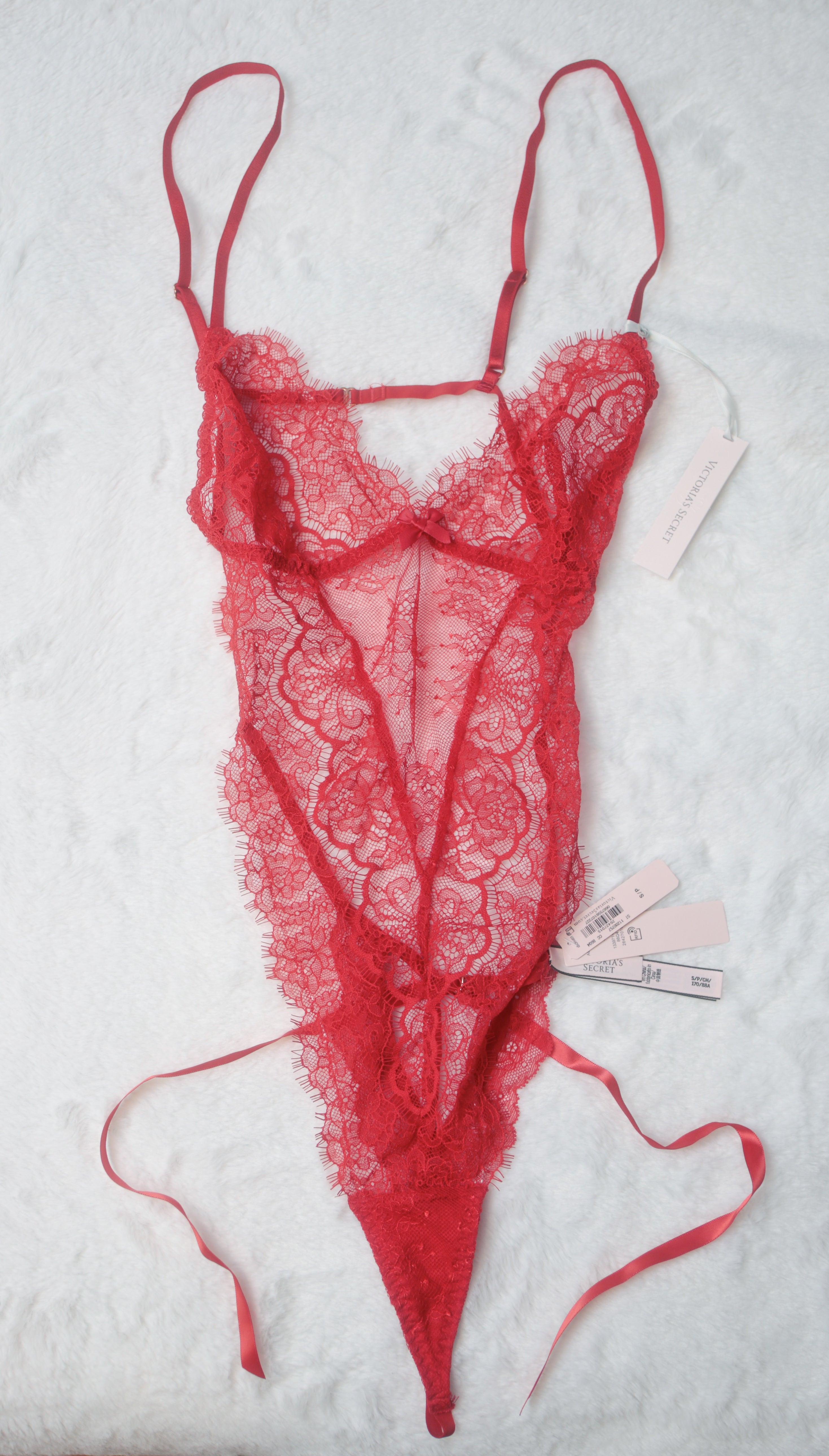 Victoria's Secret Teddy Lingerie Strappy High-rise Small Red Sheer Lace NEW