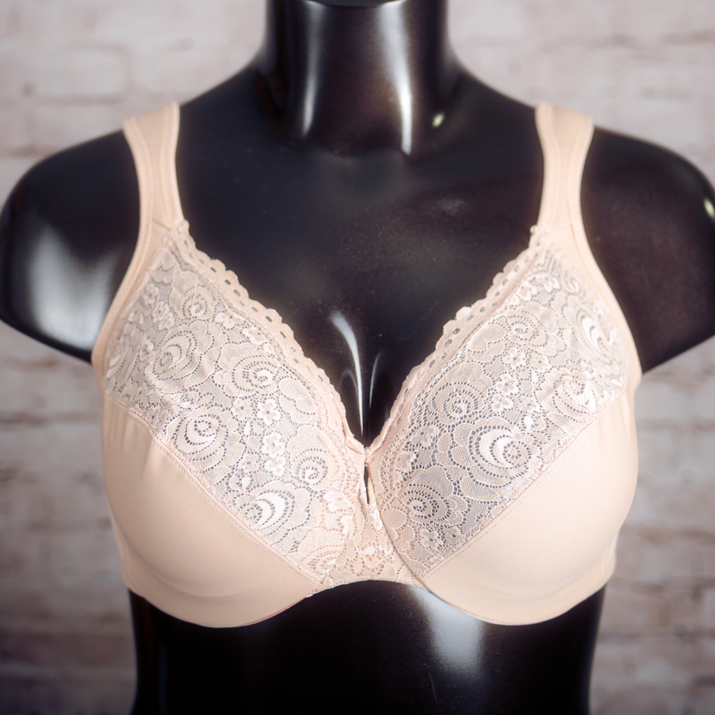 Glamorise US 36G UK 36F WonderWire Low Cut Lace Full Coverage Underwire Bra Beige 1240
