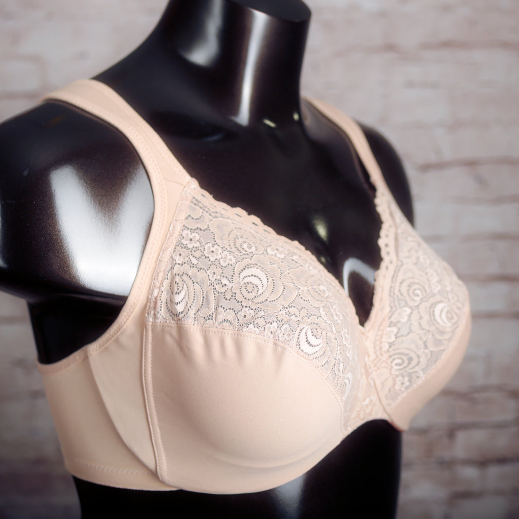 Glamorise US 36G UK 36F WonderWire Low Cut Lace Full Coverage Underwire Bra Beige 1240