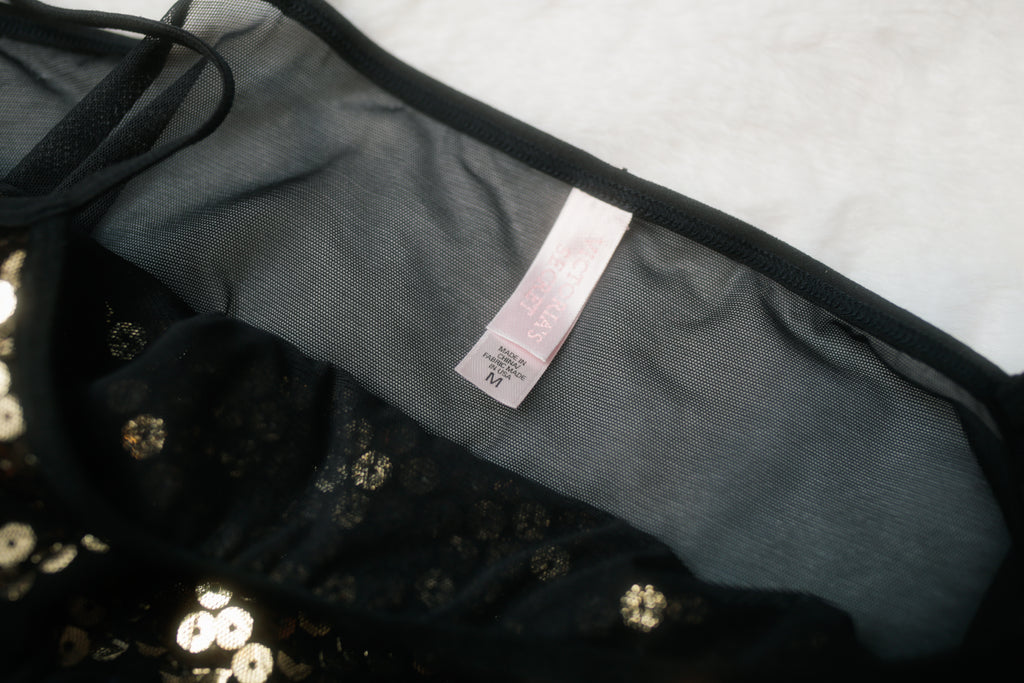 Victoria's Secret Vintage Chemise Babydoll Lingerie Sheer Black Gold Sequin Medium