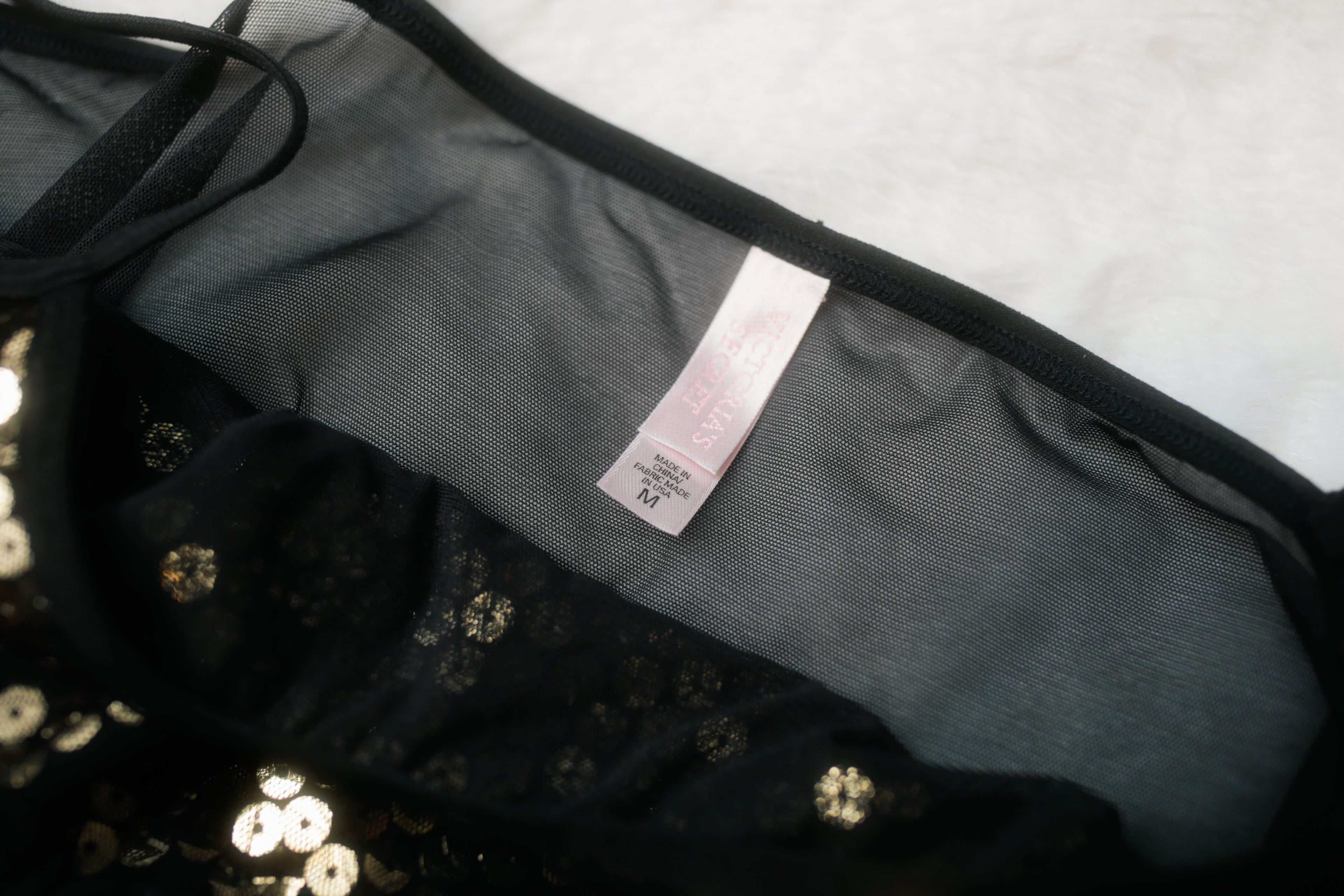 Victoria's Secret Vintage Chemise Babydoll Lingerie Sheer Black Gold Sequin Medium