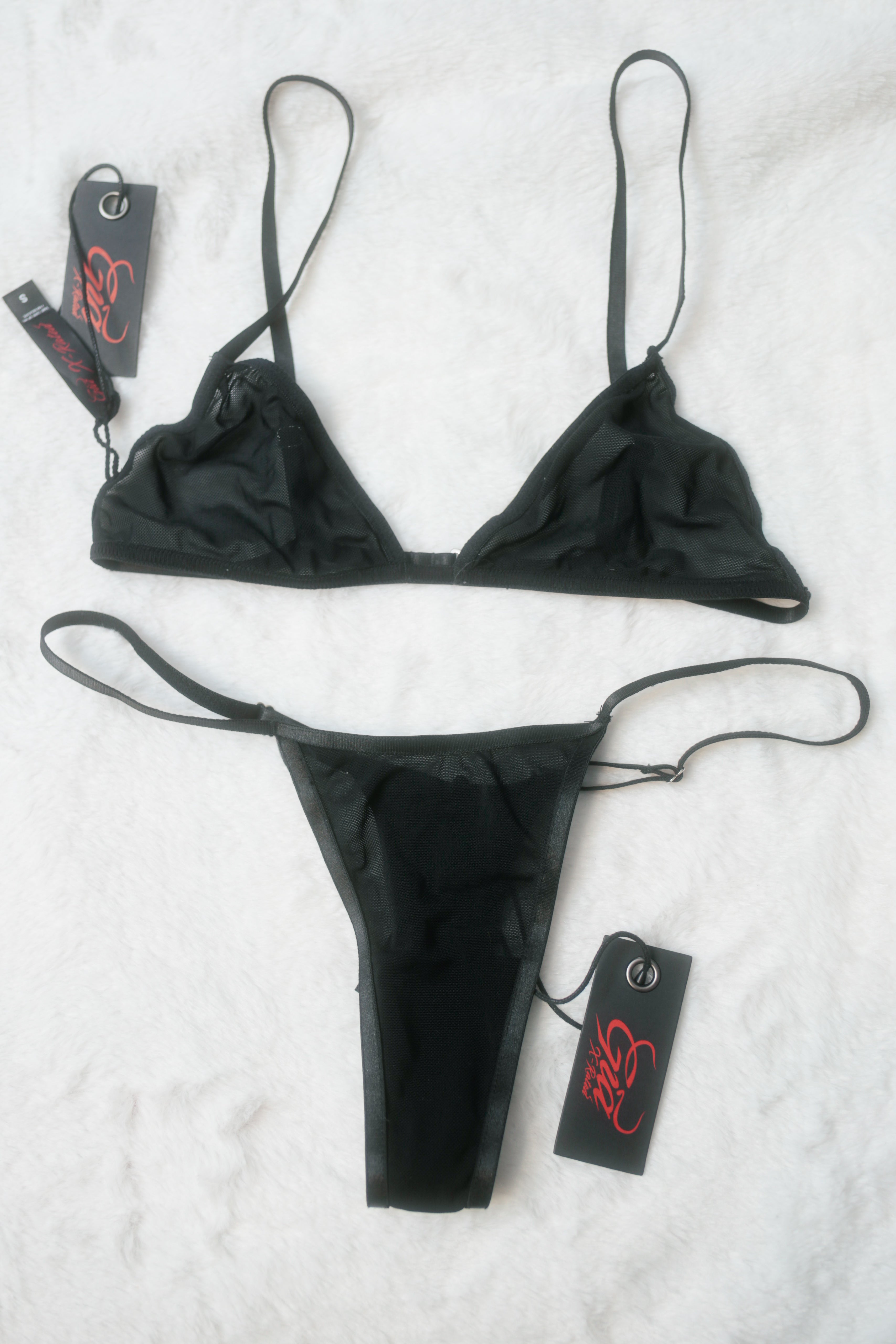 Gia X-Rated Lilah Strappy Bra and Thong Lingerie Set Black Sheer Mesh Small NEW