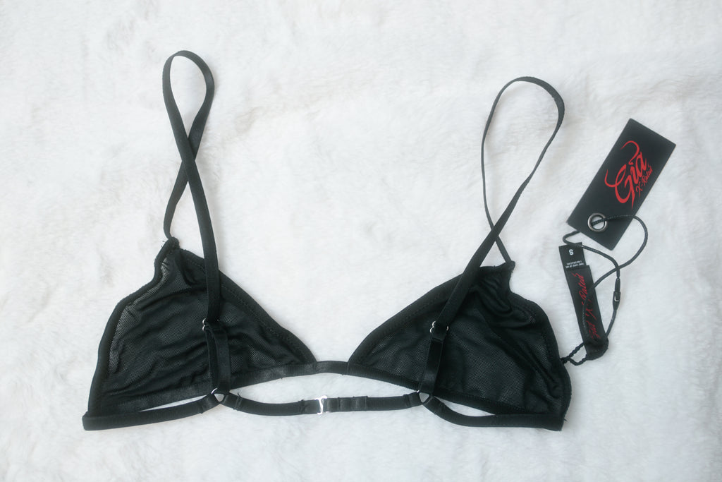 Gia X-Rated Lilah Strappy Bra and Thong Lingerie Set Black Sheer Mesh Small NEW
