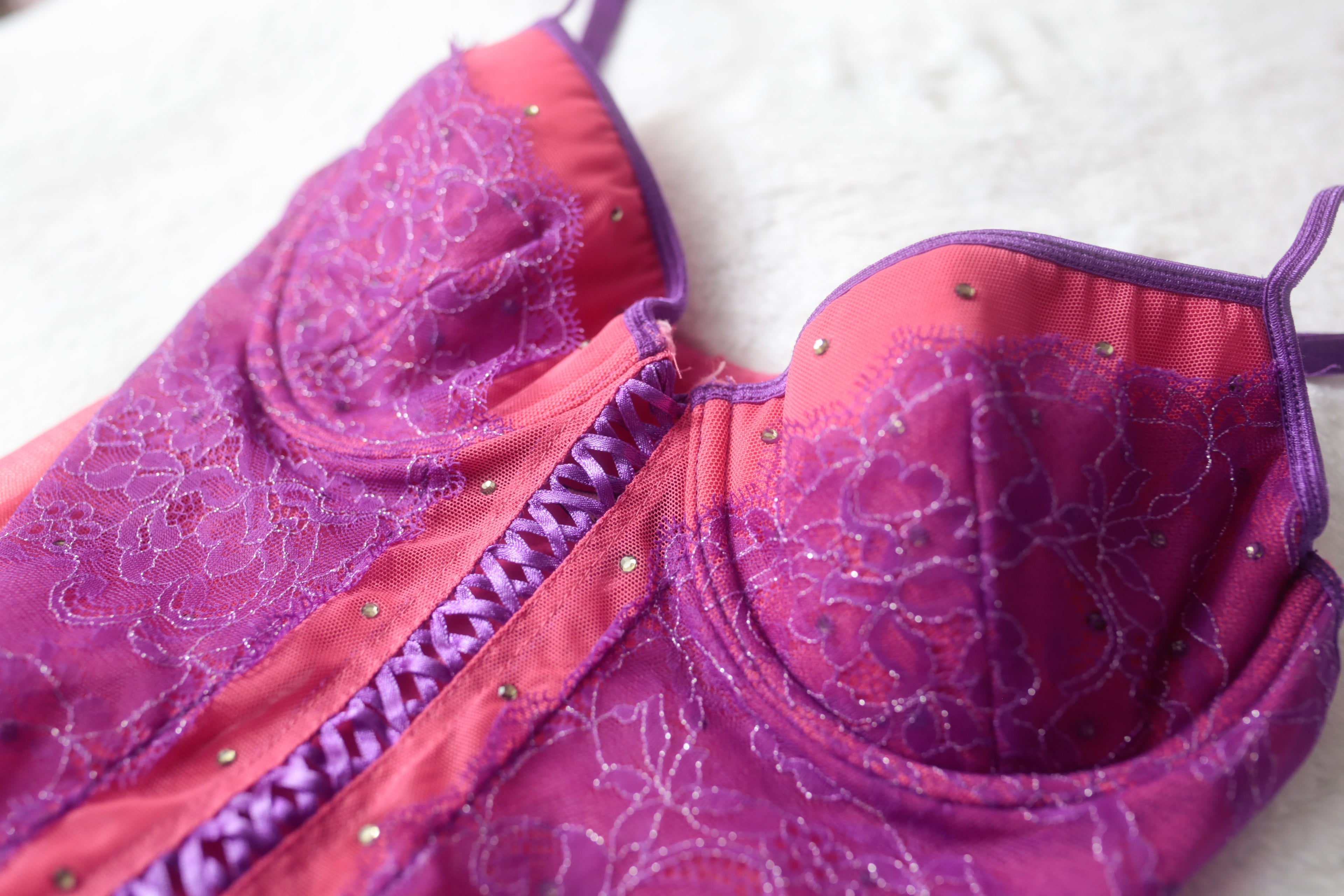 Victoria's Secret 34B Vintage Chemise Babydoll Lingerie Pink and Purple Lace