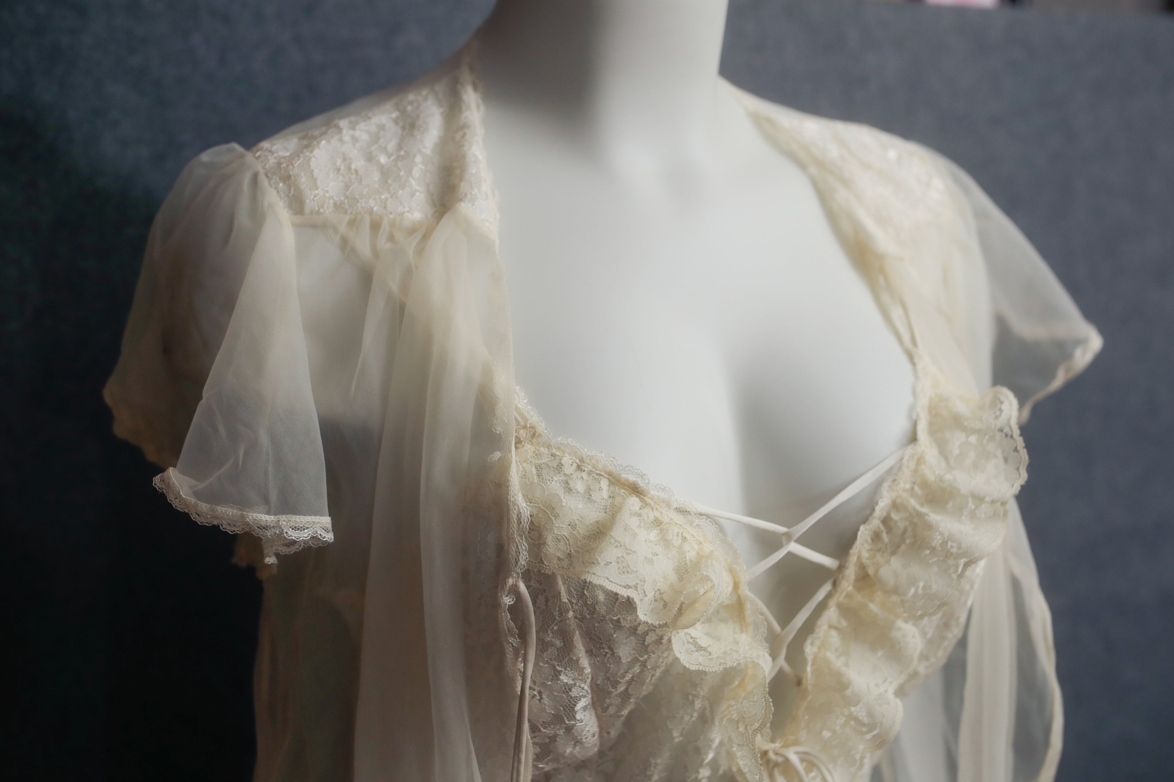 Delta Burke Vintage Teddy and Shawl Lingerie Set 80s High-waist Ivory Sheer Lace Large