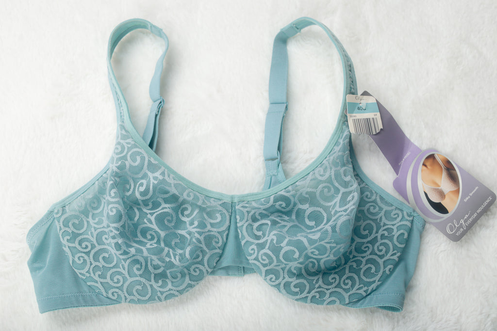 Olga Vintage Silky Smooth 40C Unlined Semi-sheer Lace Mesh Bra Blue 35090 NEW