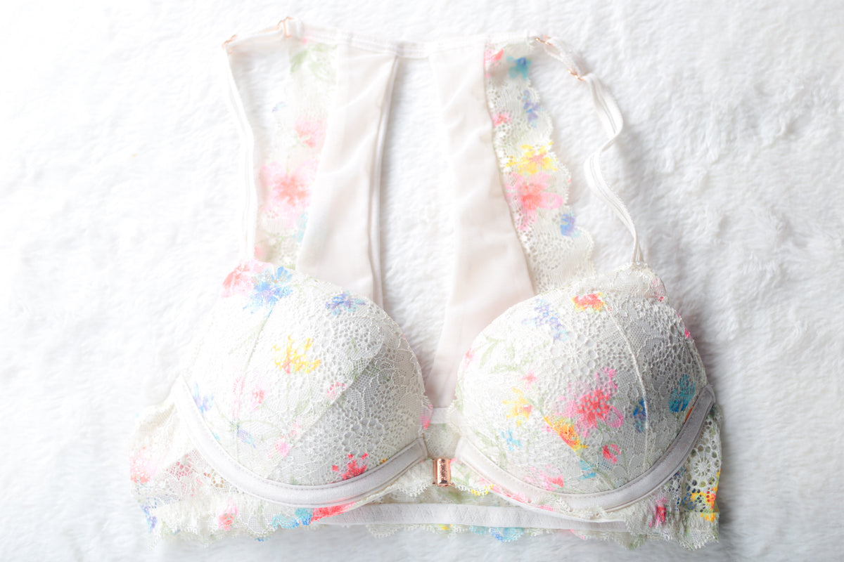 PINK Date Racerback Front Closure Push-up Bra Floral Lace 32B