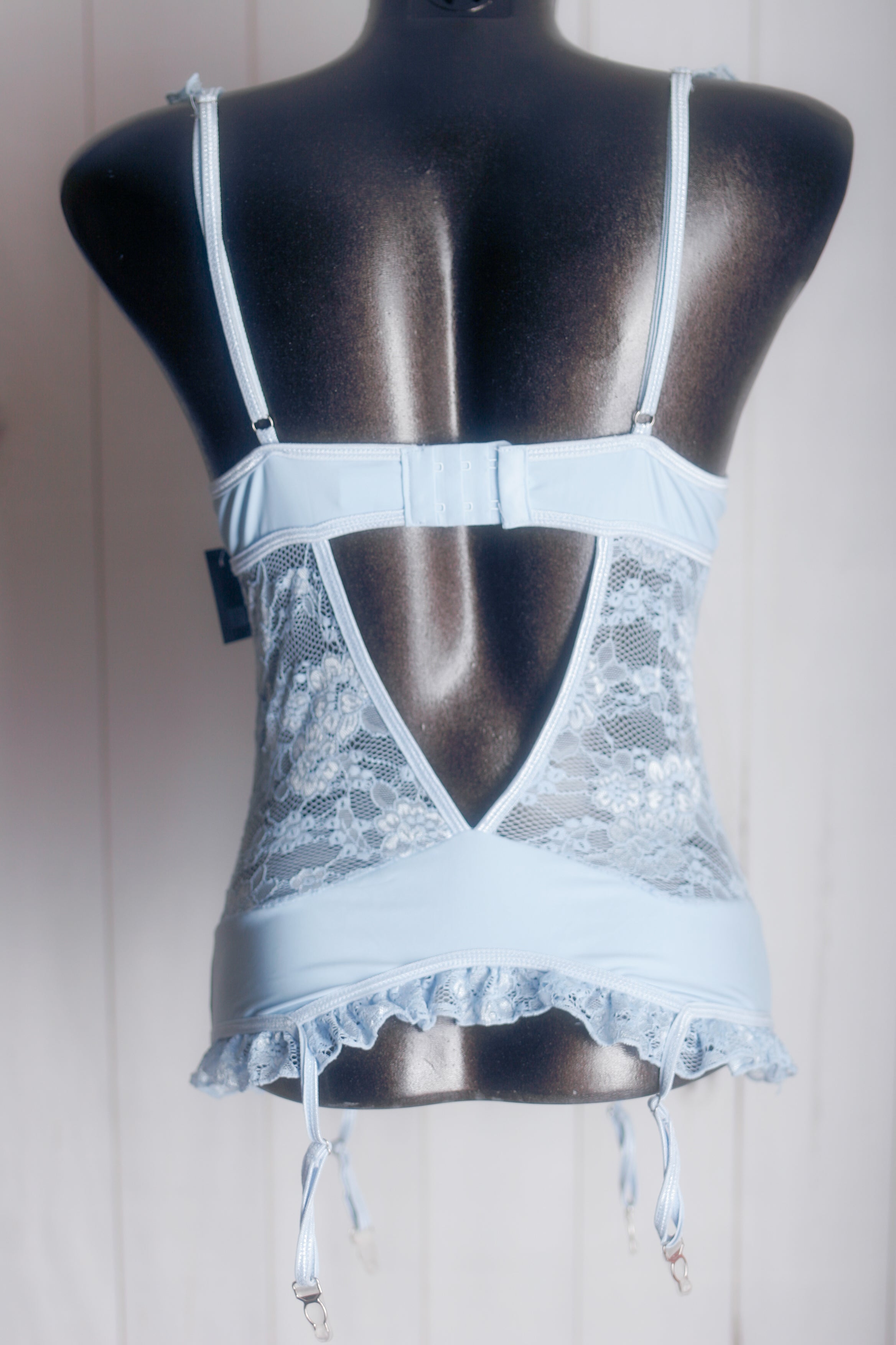 Sheer Lace Babydoll Chemise Lingerie with Suspender Straps Medium Light Blue NEW