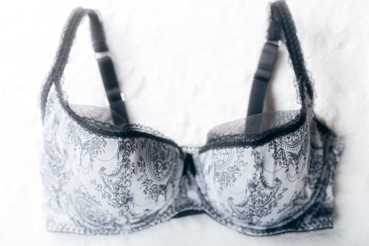 Dita von Teese Satin Lace Balconette Bra Black Silver Paisley 34F
