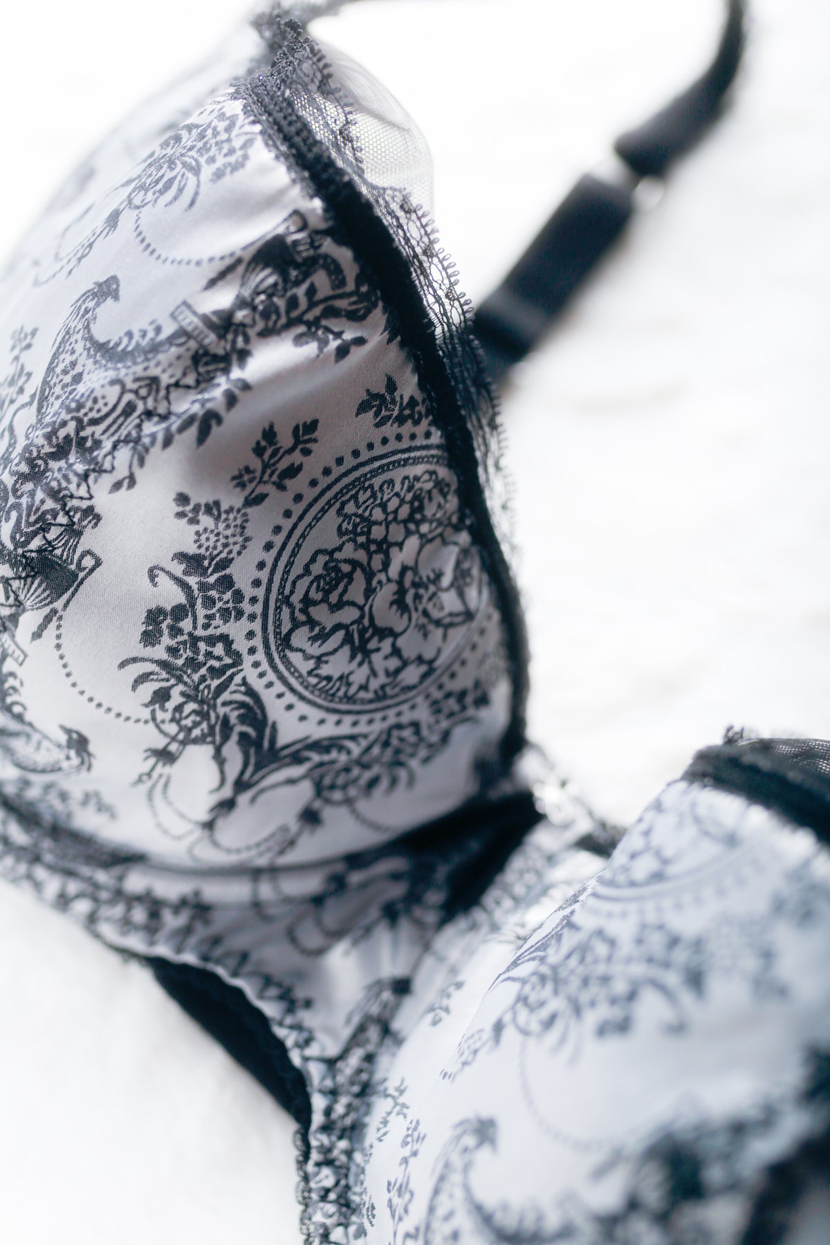 Dita von Teese Satin Lace Balconette Bra Black Silver Paisley 34F