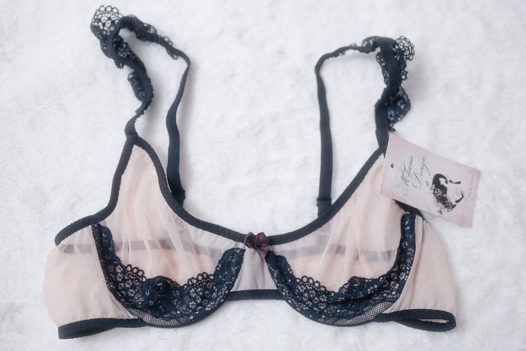 Milana Design 32B Handmade Unlined Underwire Bra Pink and Black Lace Mesh