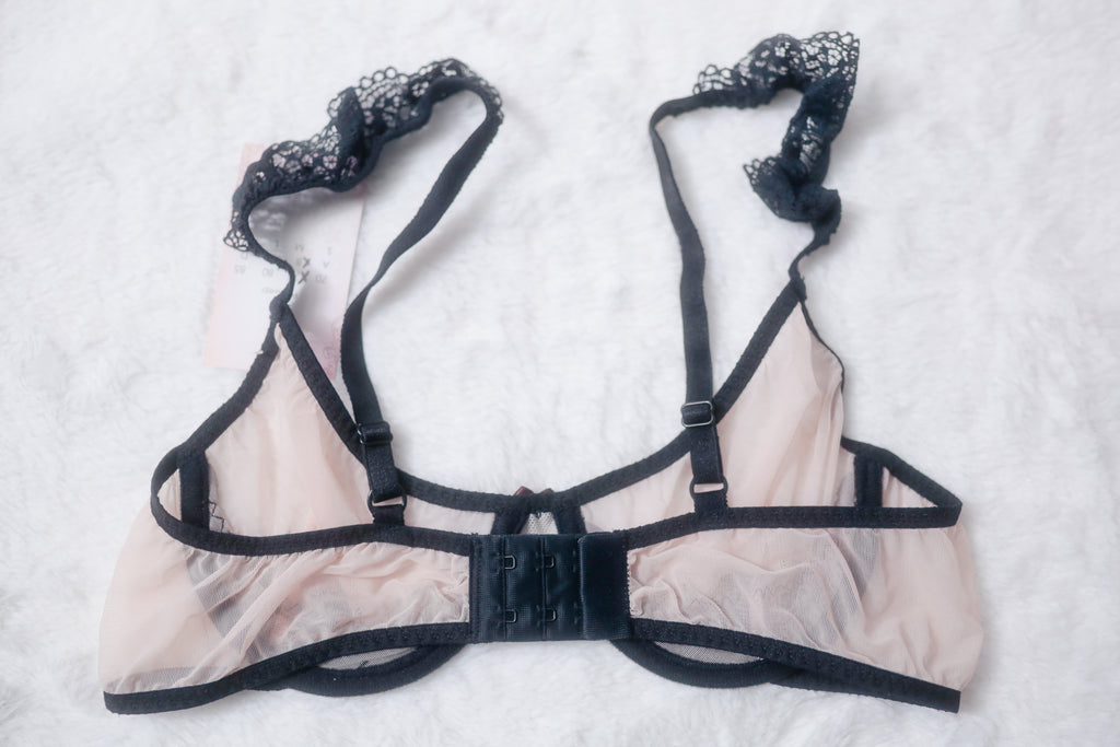 Milana Design 32B Handmade Unlined Underwire Bra Pink and Black Lace Mesh