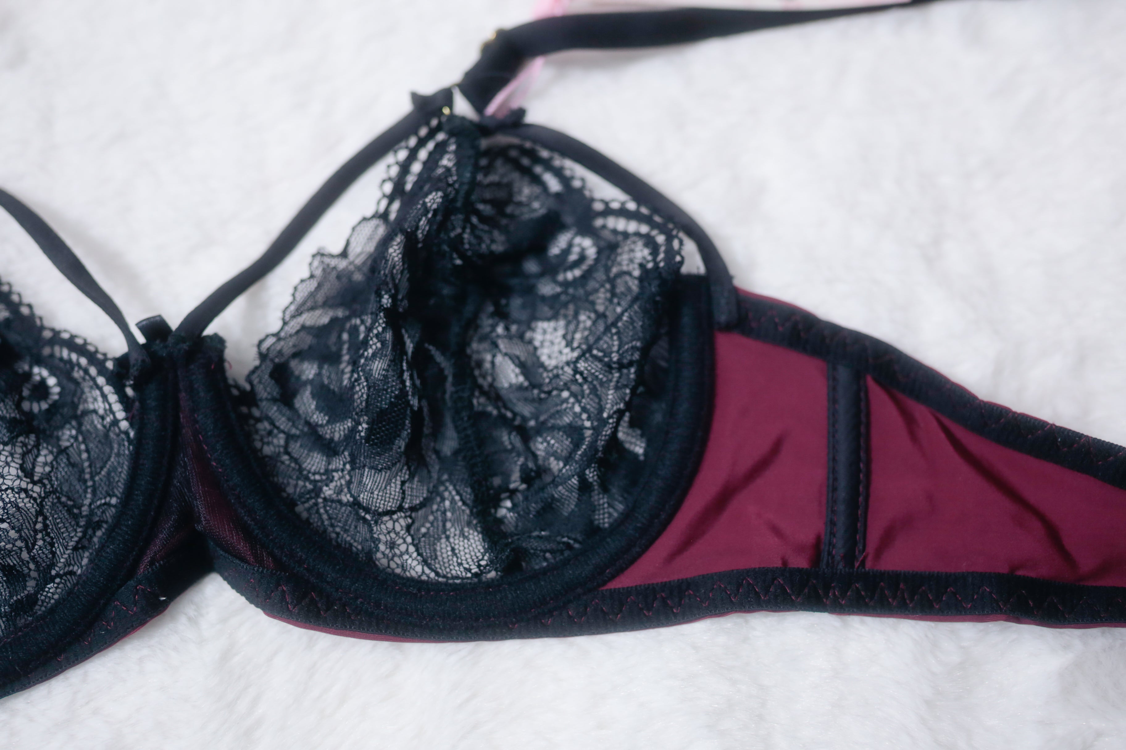 Milana Design 32B Handmade Unlined Underwire Bra Dark Red and Black Lace Mesh