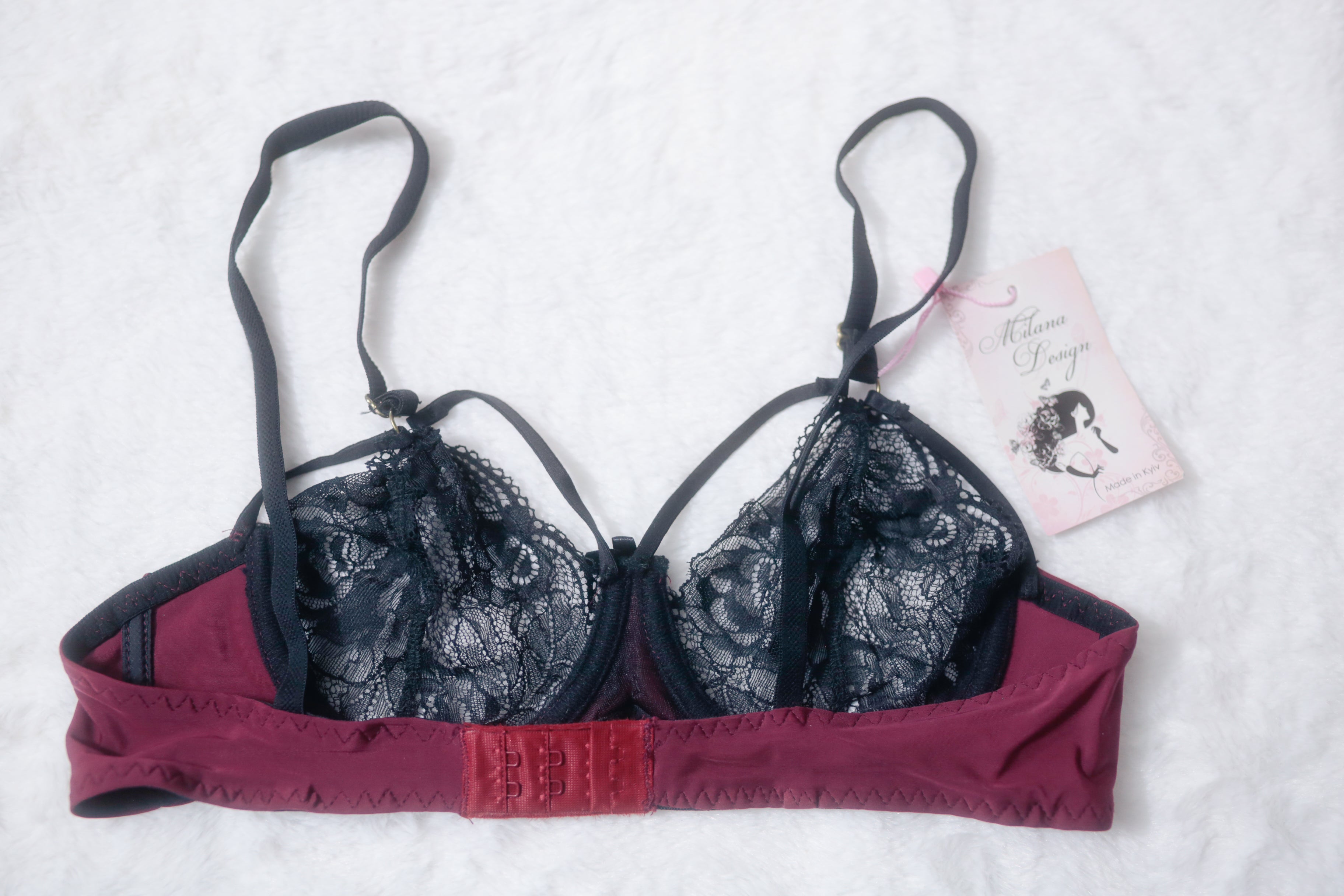 Milana Design 32B Handmade Unlined Underwire Bra Dark Red and Black Lace Mesh