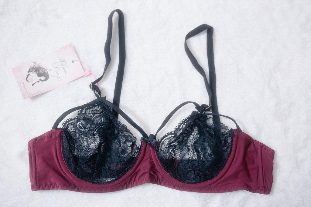 Milana Design 32B Handmade Unlined Underwire Bra Dark Red and Black Lace Mesh